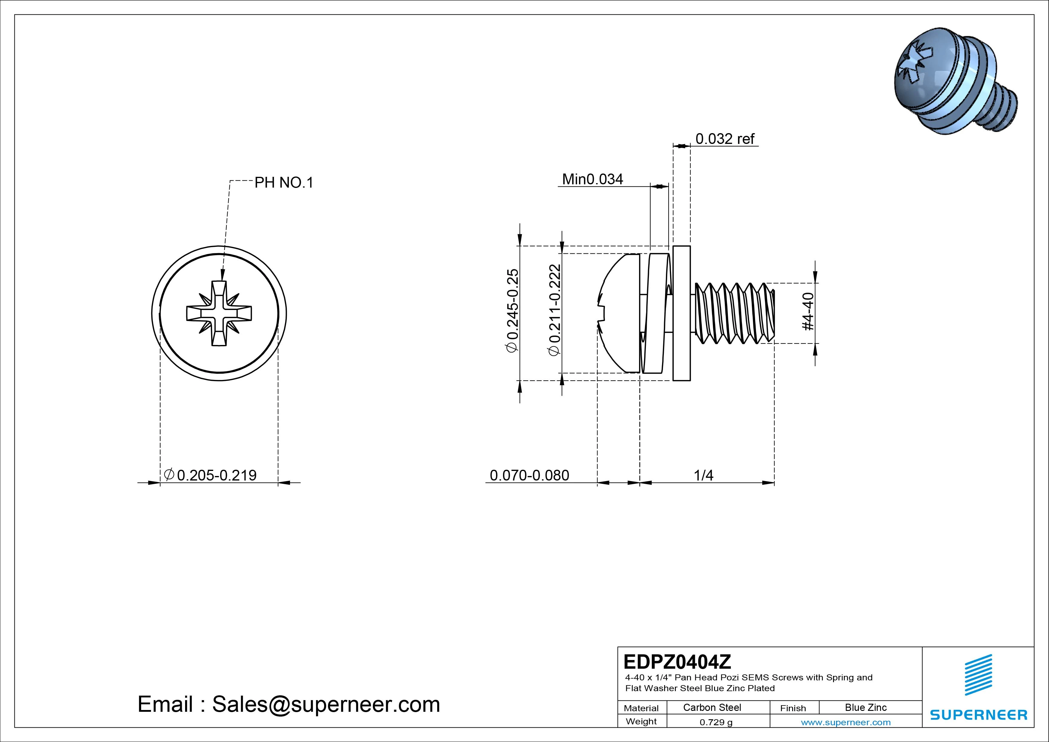 4-40 x 1/4" Pan Head Pozi SEMS Screws with Spring and Flat Washer Steel Blue Zinc Plated