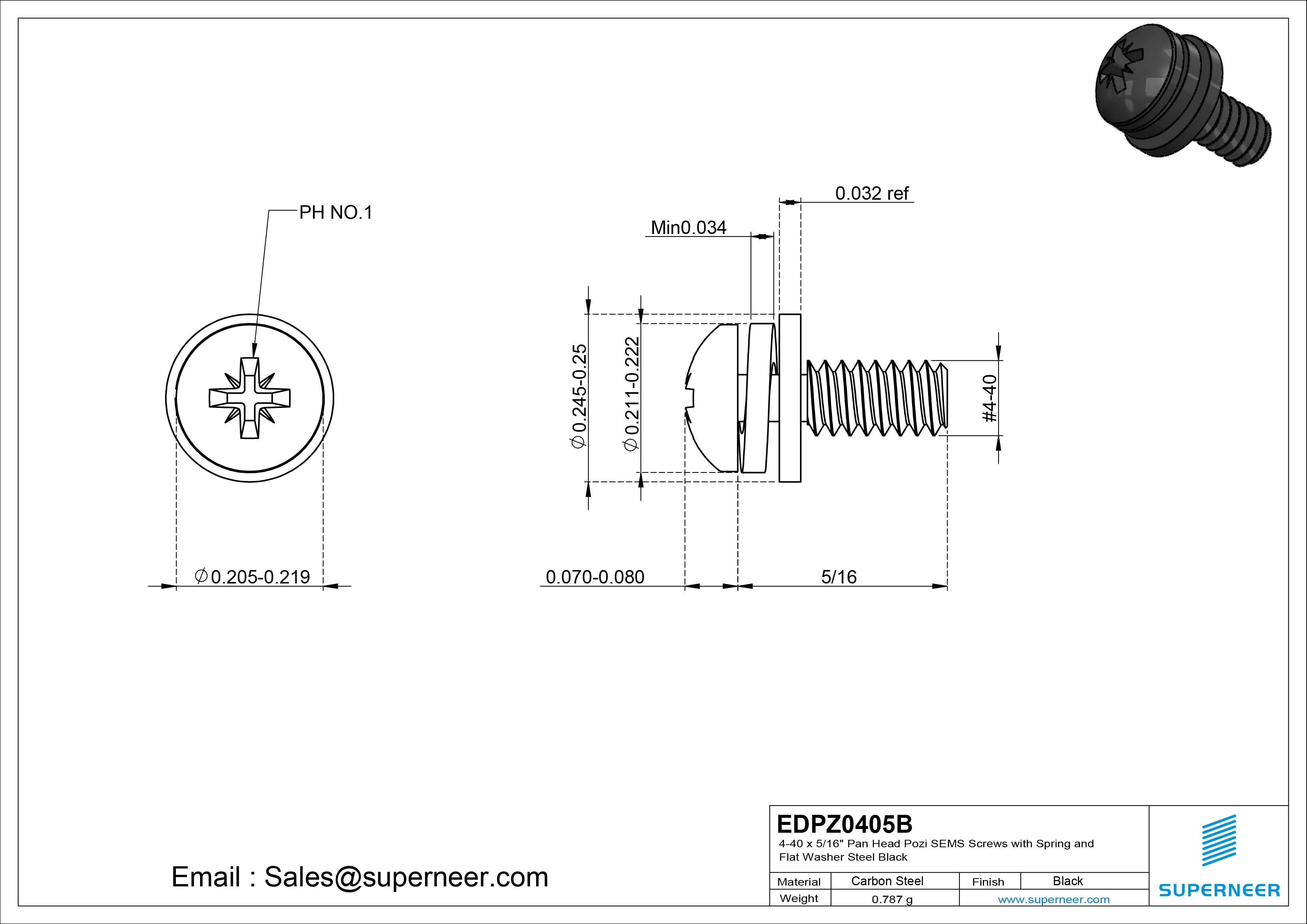 4-40 x 5/16" Pan Head Pozi SEMS Screws with Spring and Flat Washer Steel Black