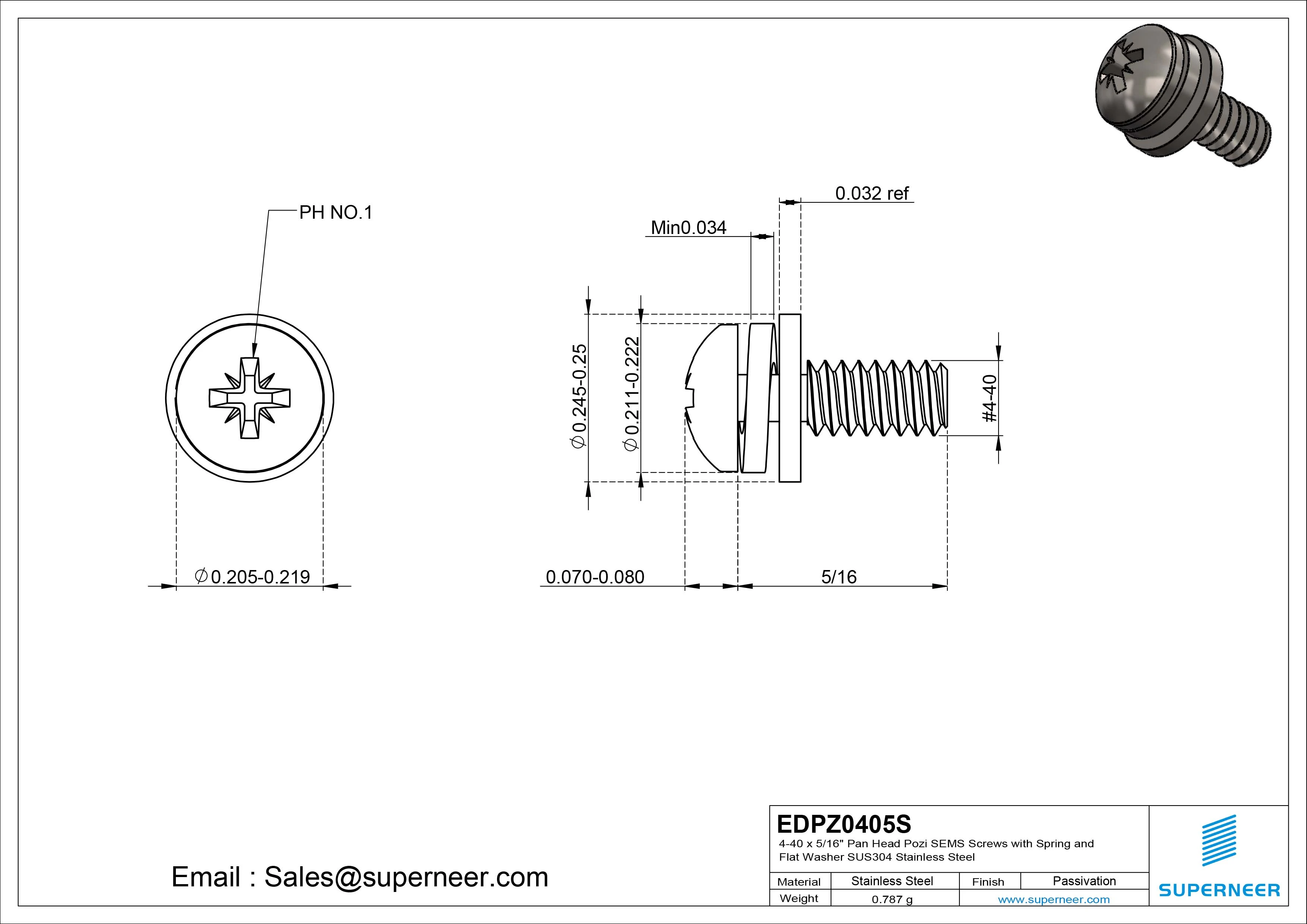 4-40 x 5/16" Pan Head Pozi SEMS Screws with Spring and Flat Washer SUS304 Stainless Steel Inox