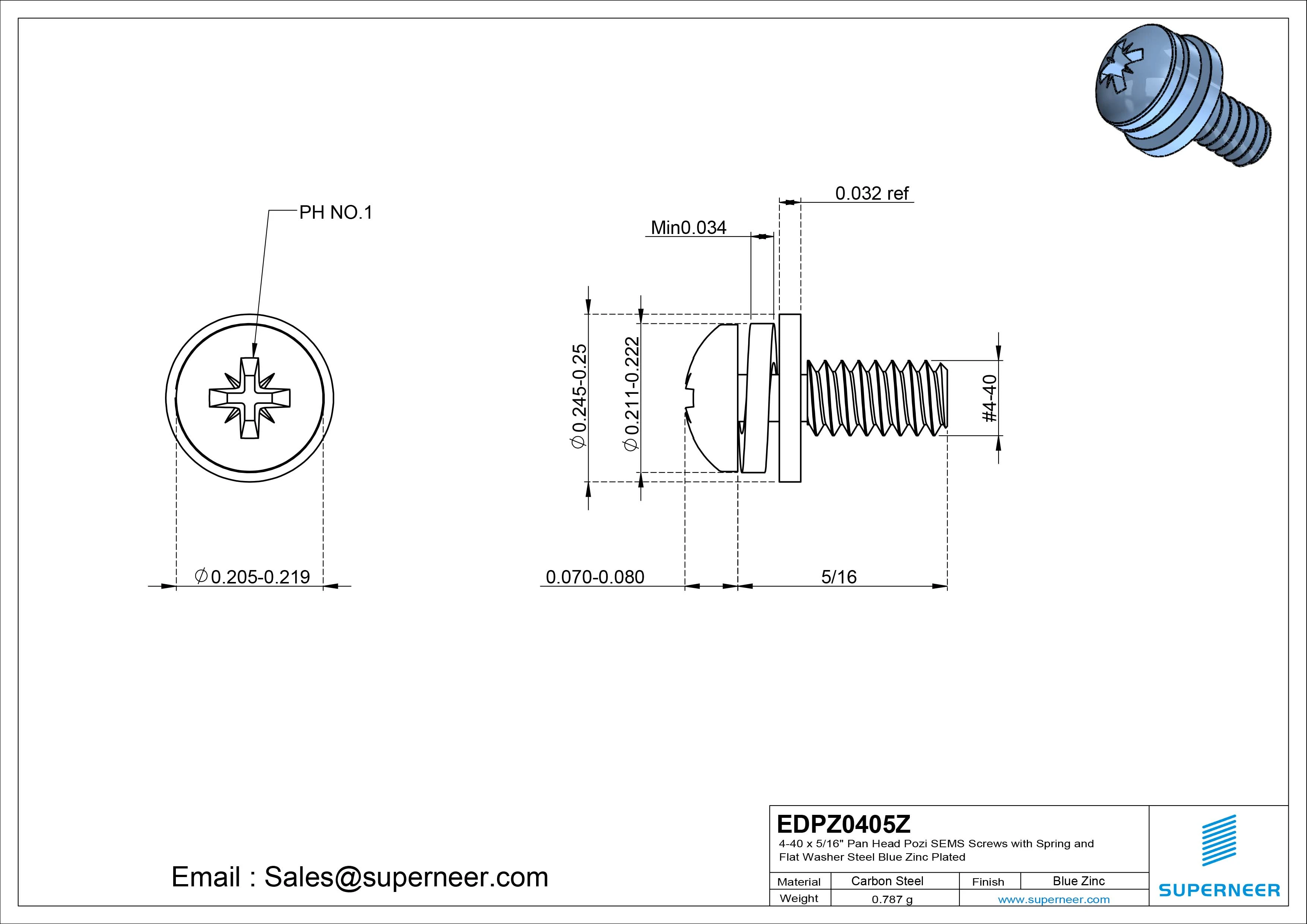 4-40 x 5/16" Pan Head Pozi SEMS Screws with Spring and Flat Washer Steel Blue Zinc Plated