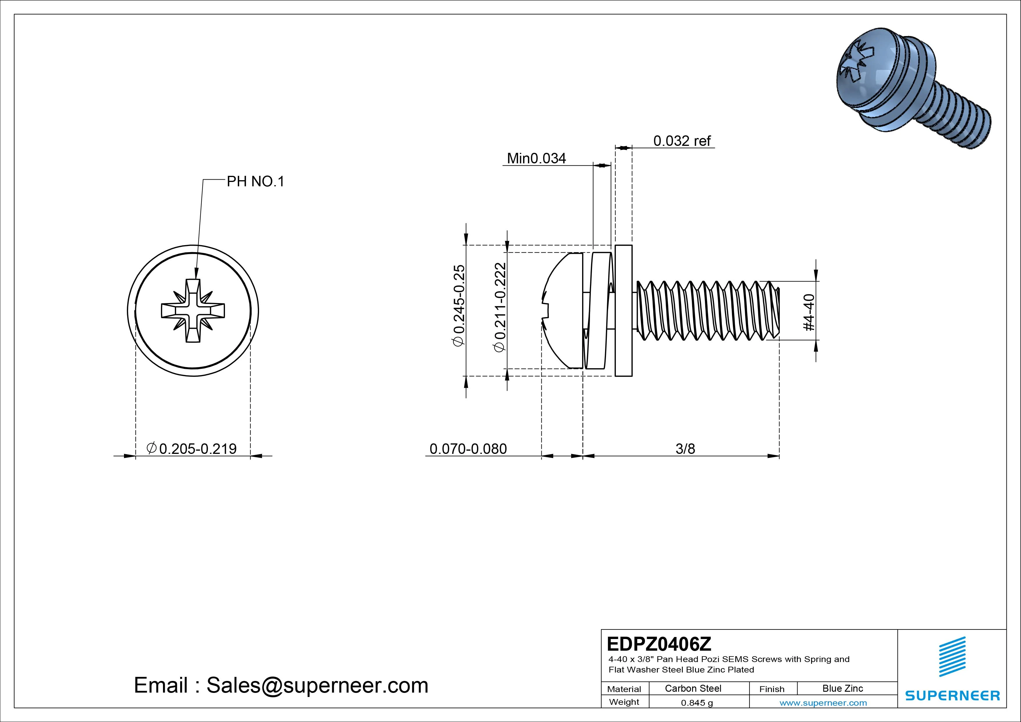 4-40 x 3/8" Pan Head Pozi SEMS Screws with Spring and Flat Washer Steel Blue Zinc Plated