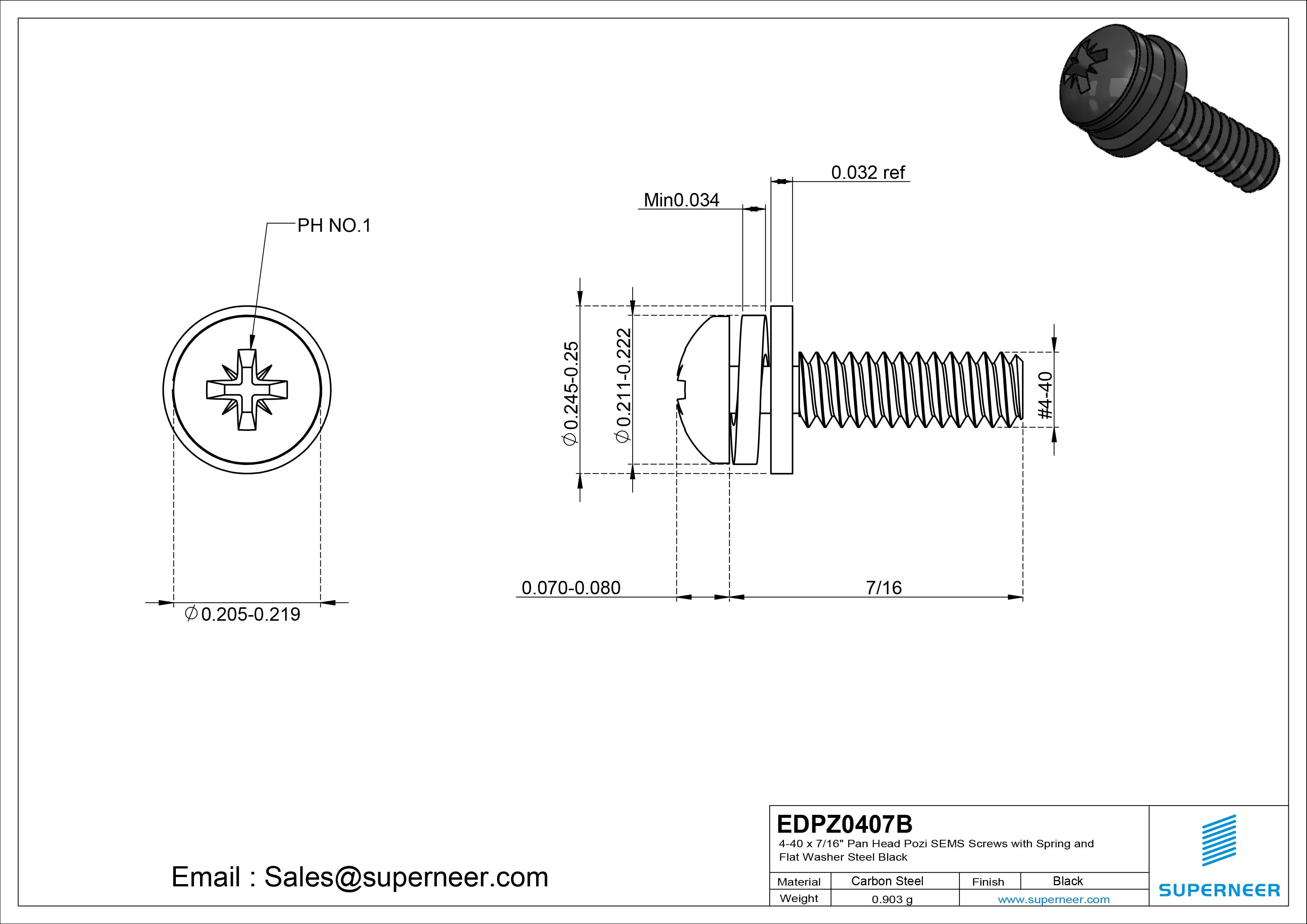 4-40 x 7/16" Pan Head Pozi SEMS Screws with Spring and Flat Washer Steel Black