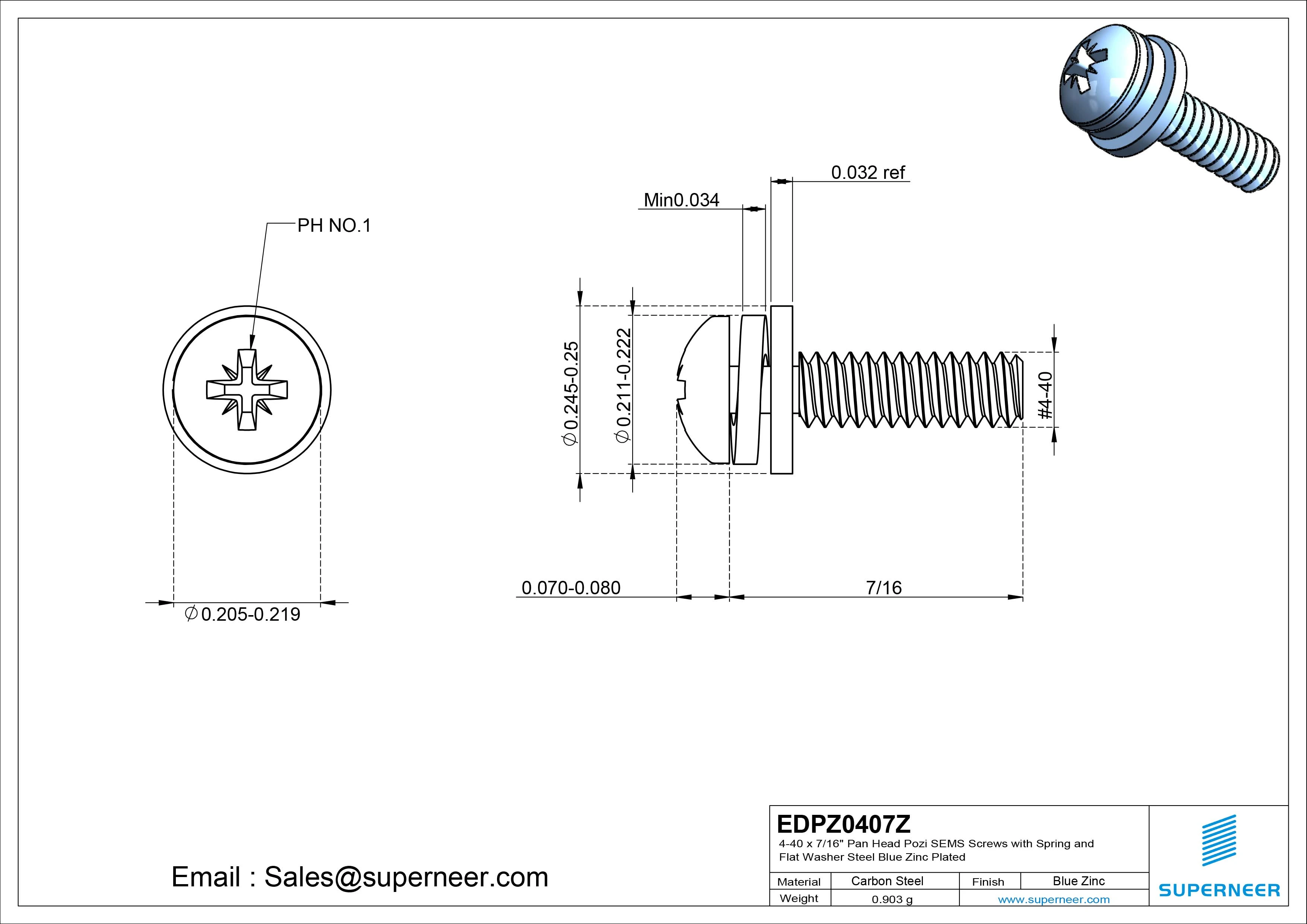 4-40 x 7/16" Pan Head Pozi SEMS Screws with Spring and Flat Washer Steel Blue Zinc Plated