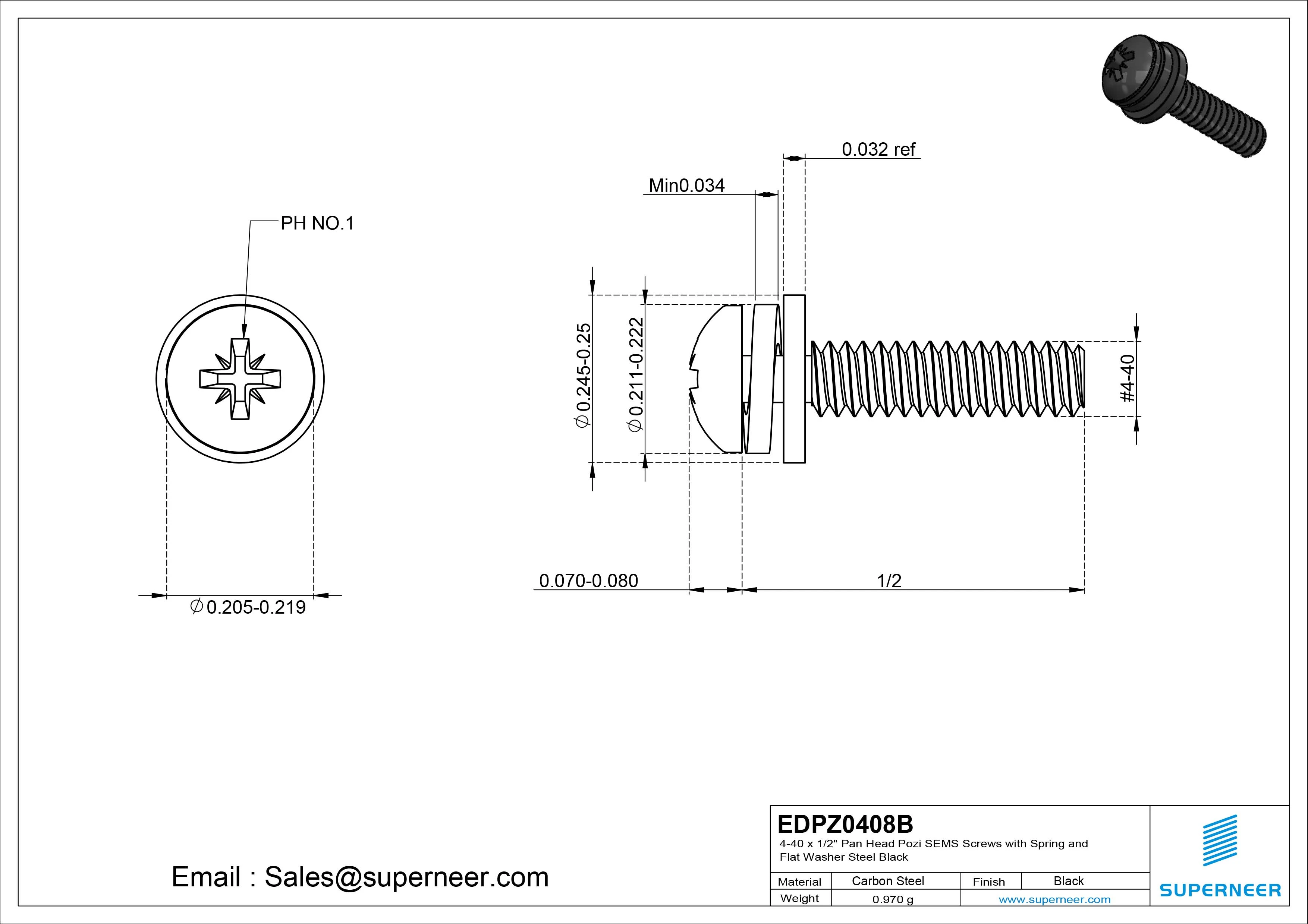4-40 x 1/2" Pan Head Pozi SEMS Screws with Spring and Flat Washer Steel Black