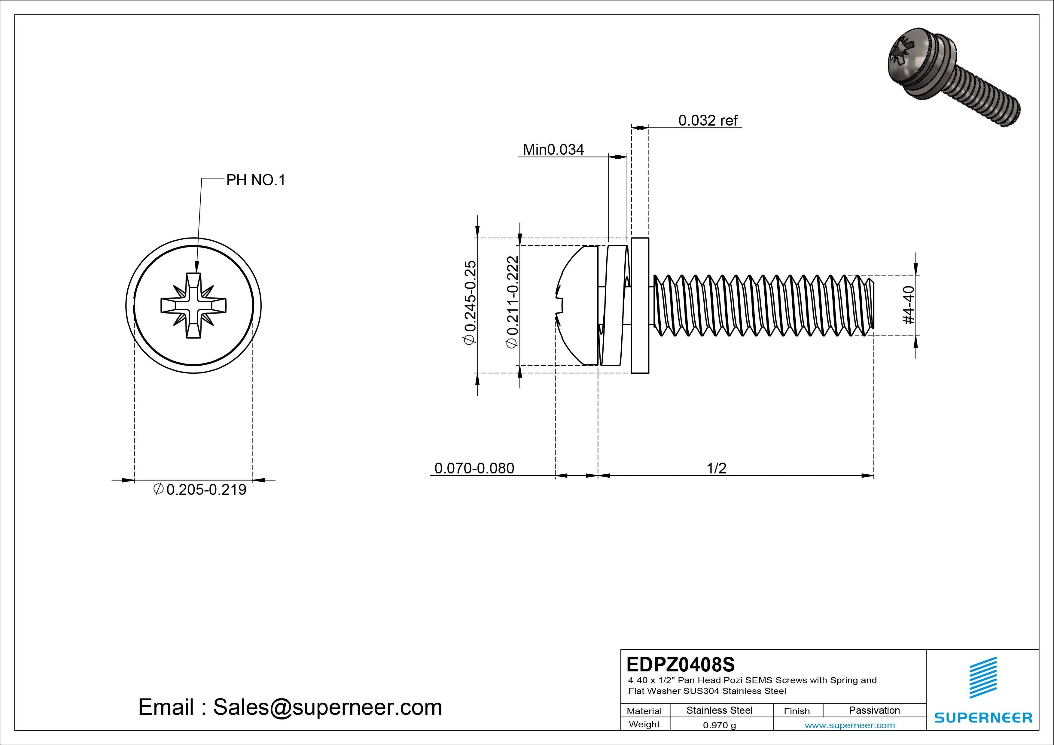 4-40 x 1/2" Pan Head Pozi SEMS Screws with Spring and Flat Washer SUS304 Stainless Steel Inox