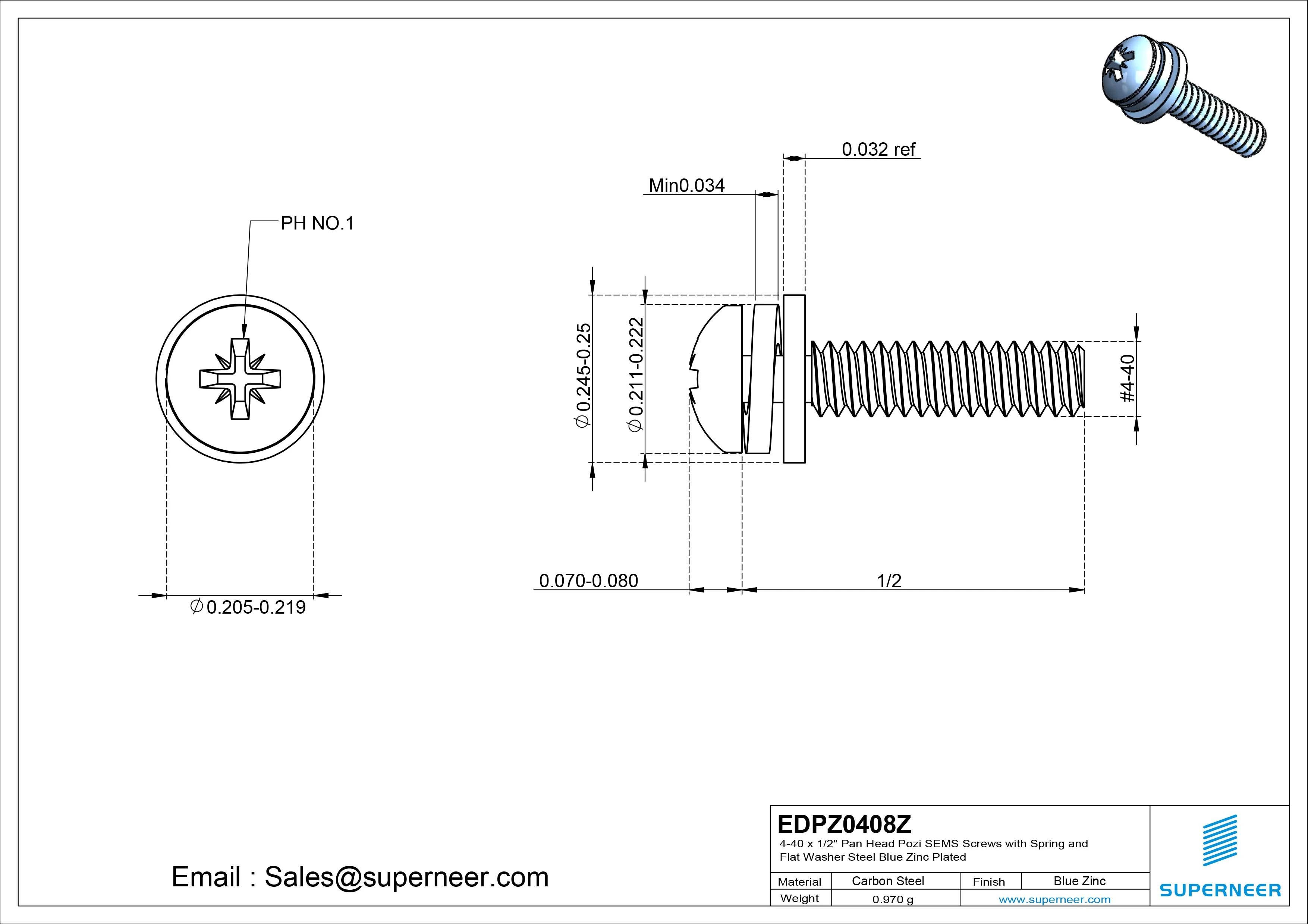4-40 x 1/2" Pan Head Pozi SEMS Screws with Spring and Flat Washer Steel Blue Zinc Plated