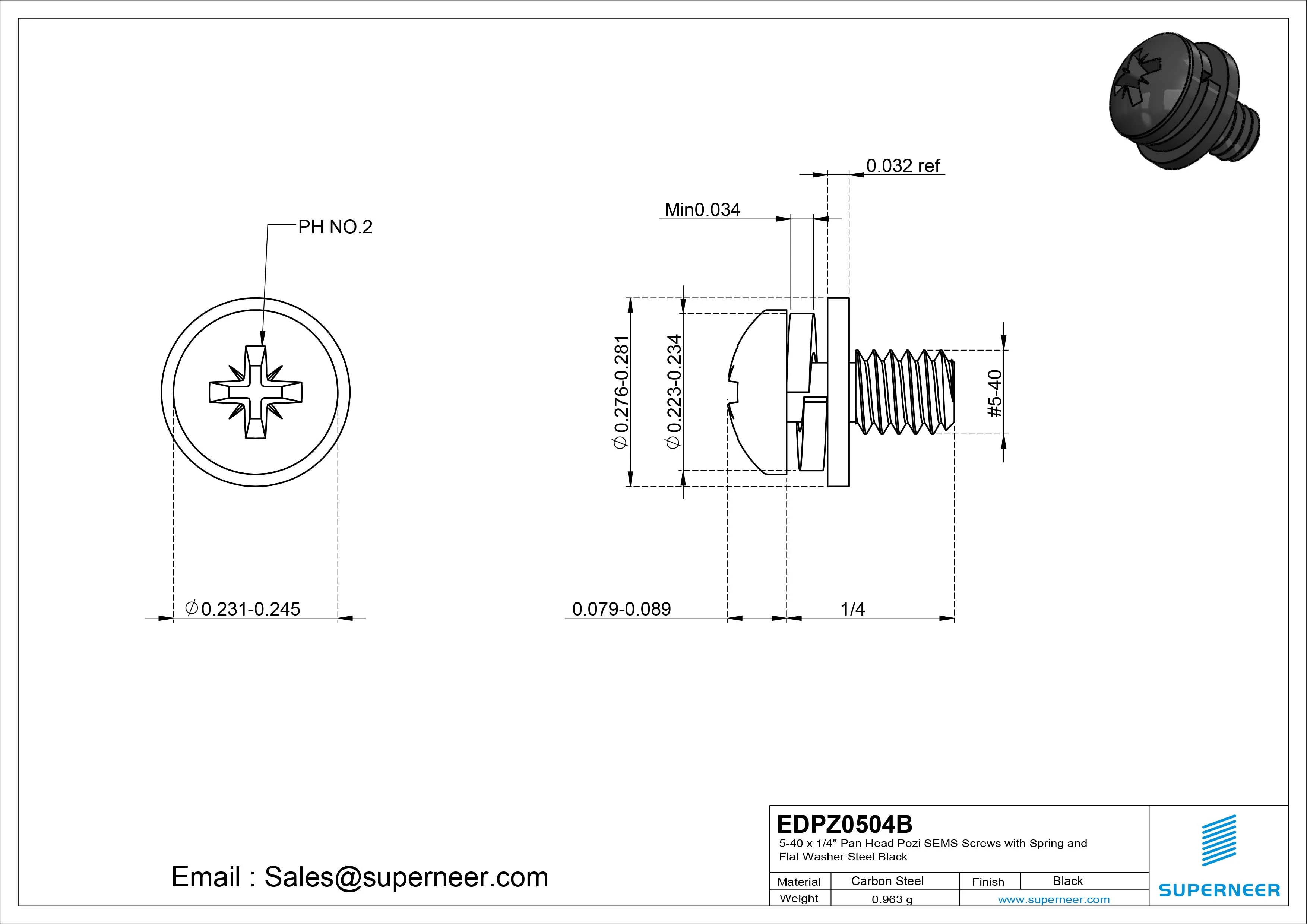 5-40 x 1/4" Pan Head Pozi SEMS Screws with Spring and Flat Washer Steel Black