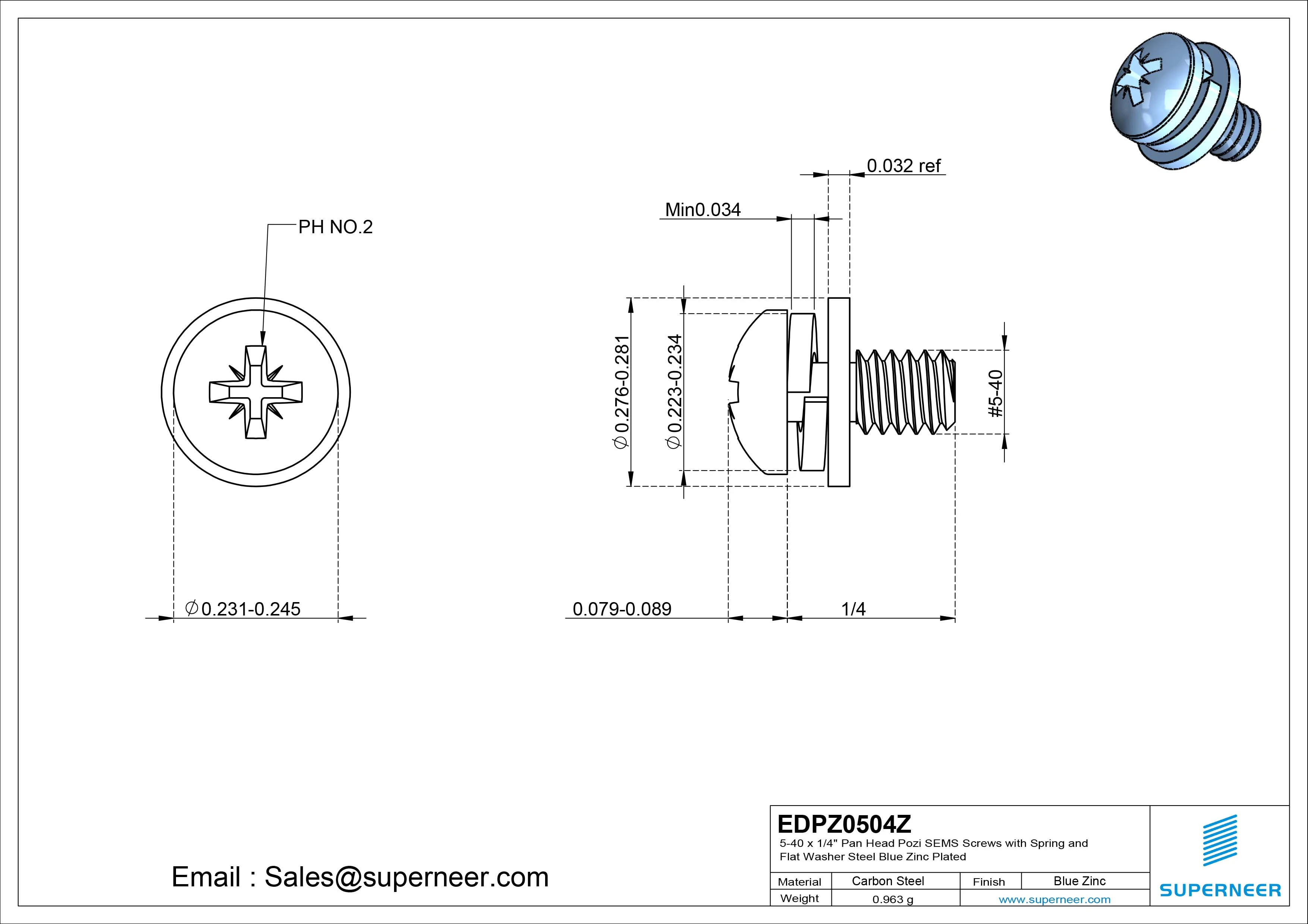 5-40 x 1/4" Pan Head Pozi SEMS Screws with Spring and Flat Washer Steel Blue Zinc Plated