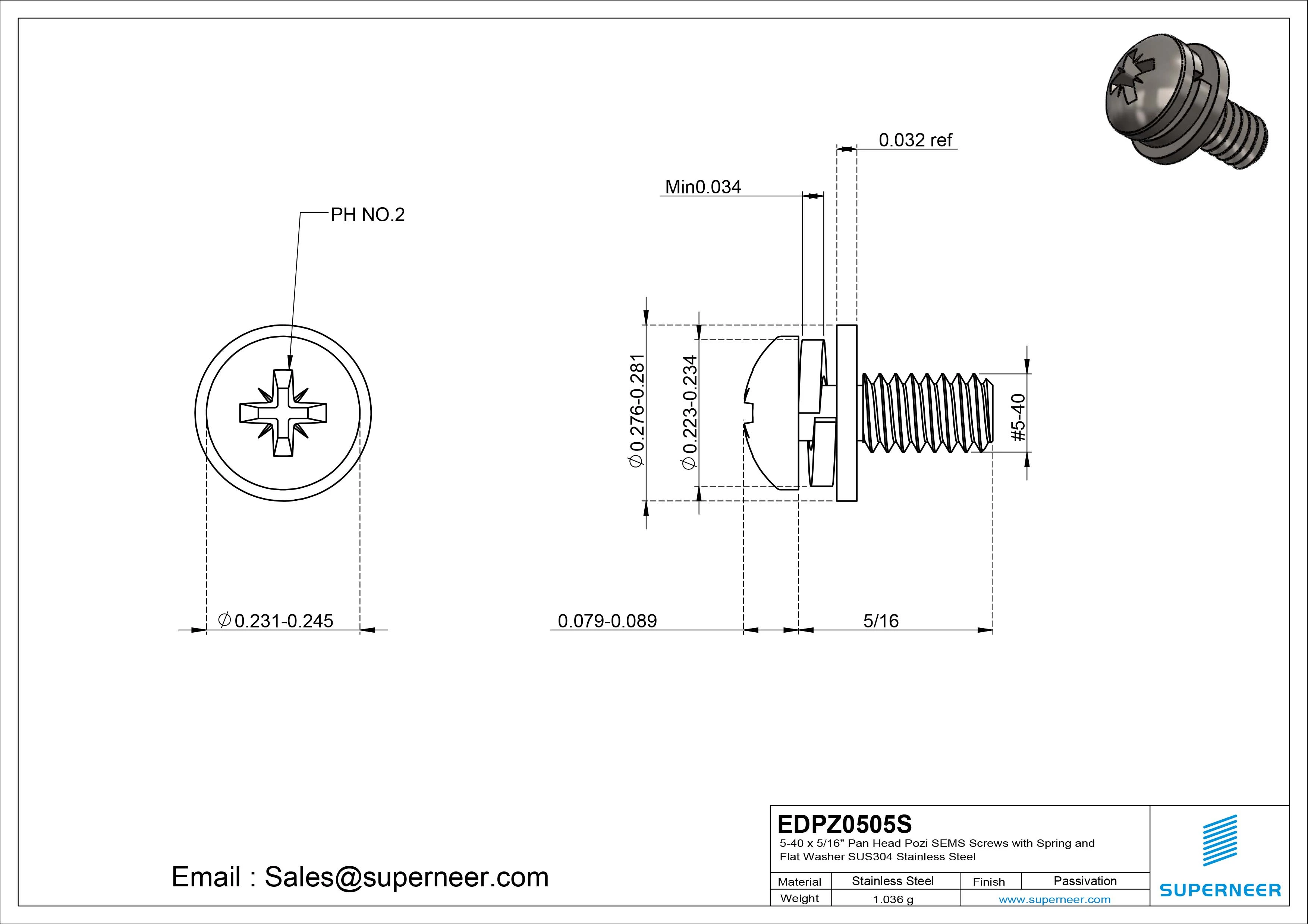 5-40 x 5/16" Pan Head Pozi SEMS Screws with Spring and Flat Washer SUS304 Stainless Steel Inox