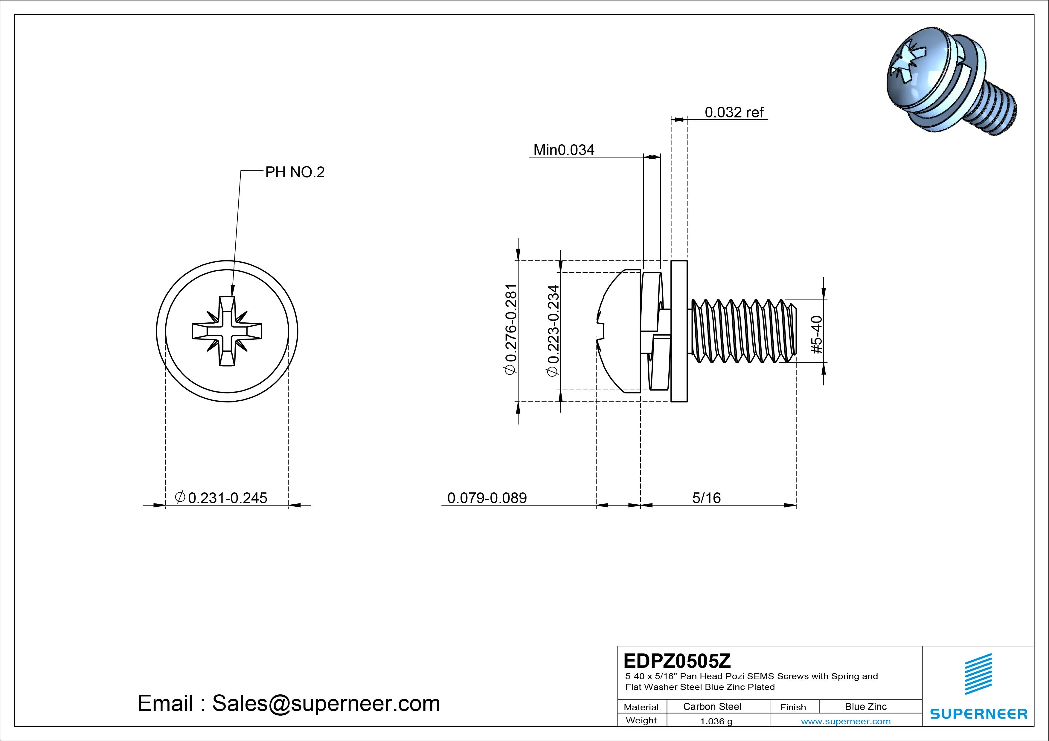 5-40 x 5/16" Pan Head Pozi SEMS Screws with Spring and Flat Washer Steel Blue Zinc Plated