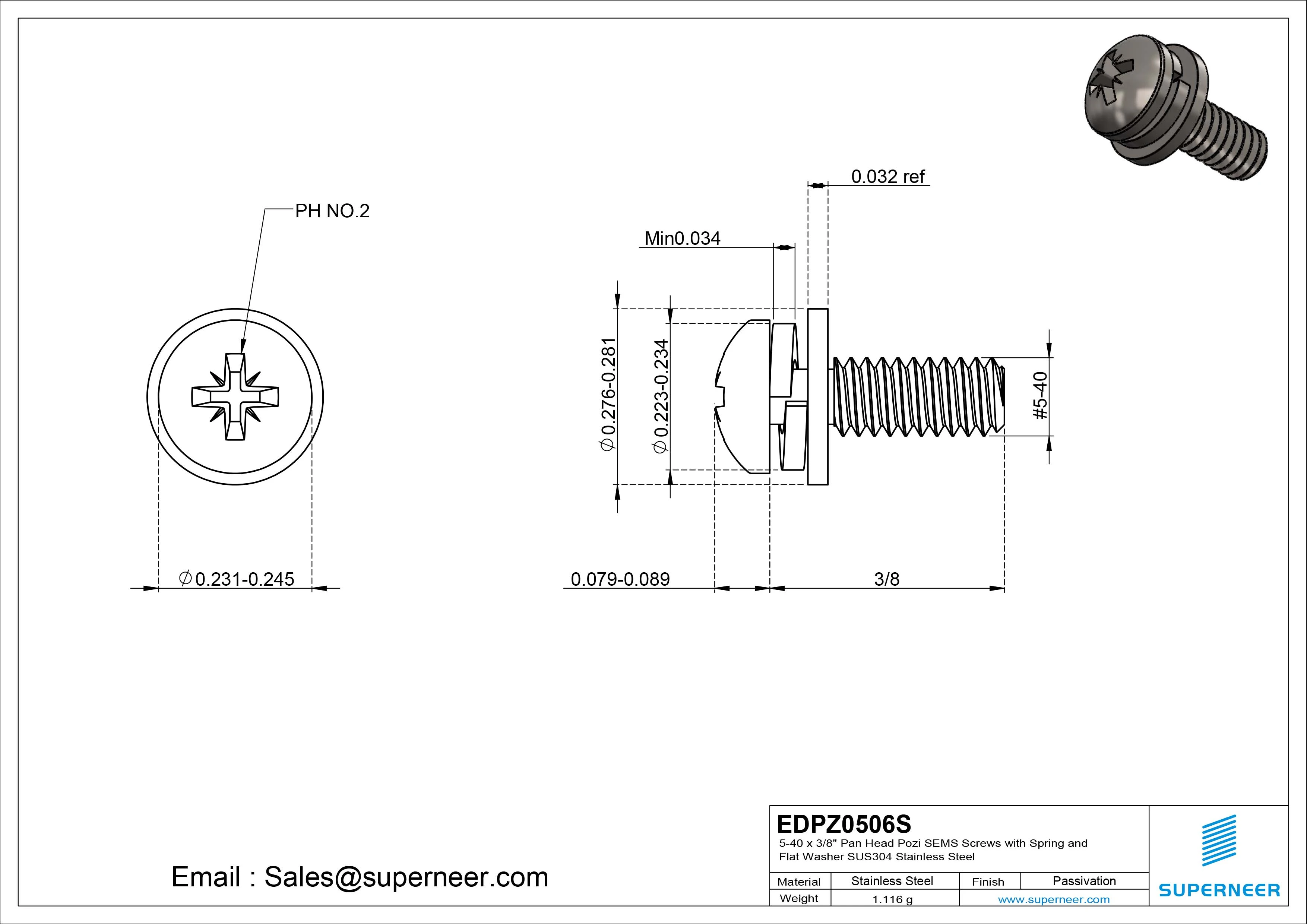 5-40 x 3/8" Pan Head Pozi SEMS Screws with Spring and Flat Washer SUS304 Stainless Steel Inox