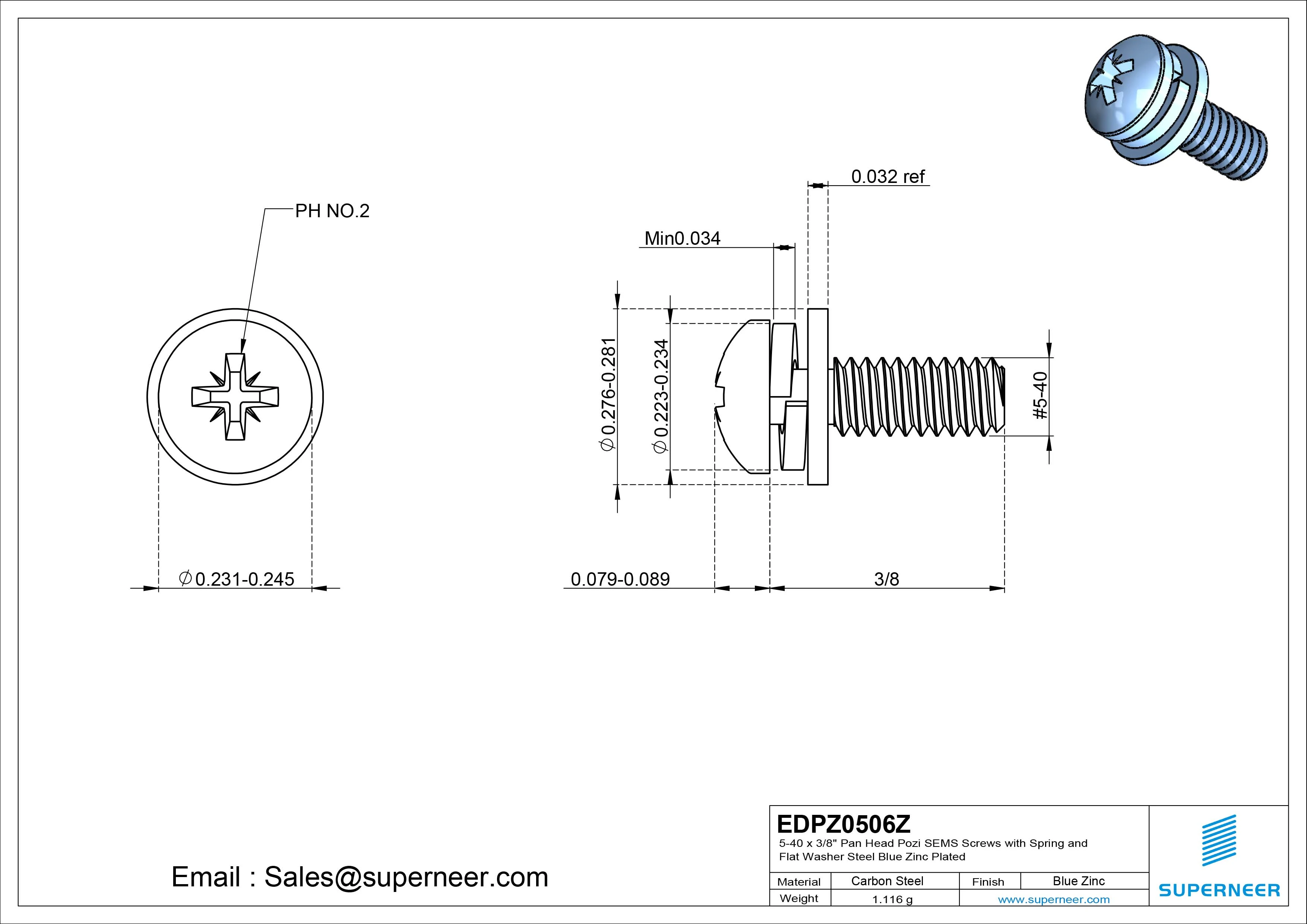 5-40 x 3/8" Pan Head Pozi SEMS Screws with Spring and Flat Washer Steel Blue Zinc Plated