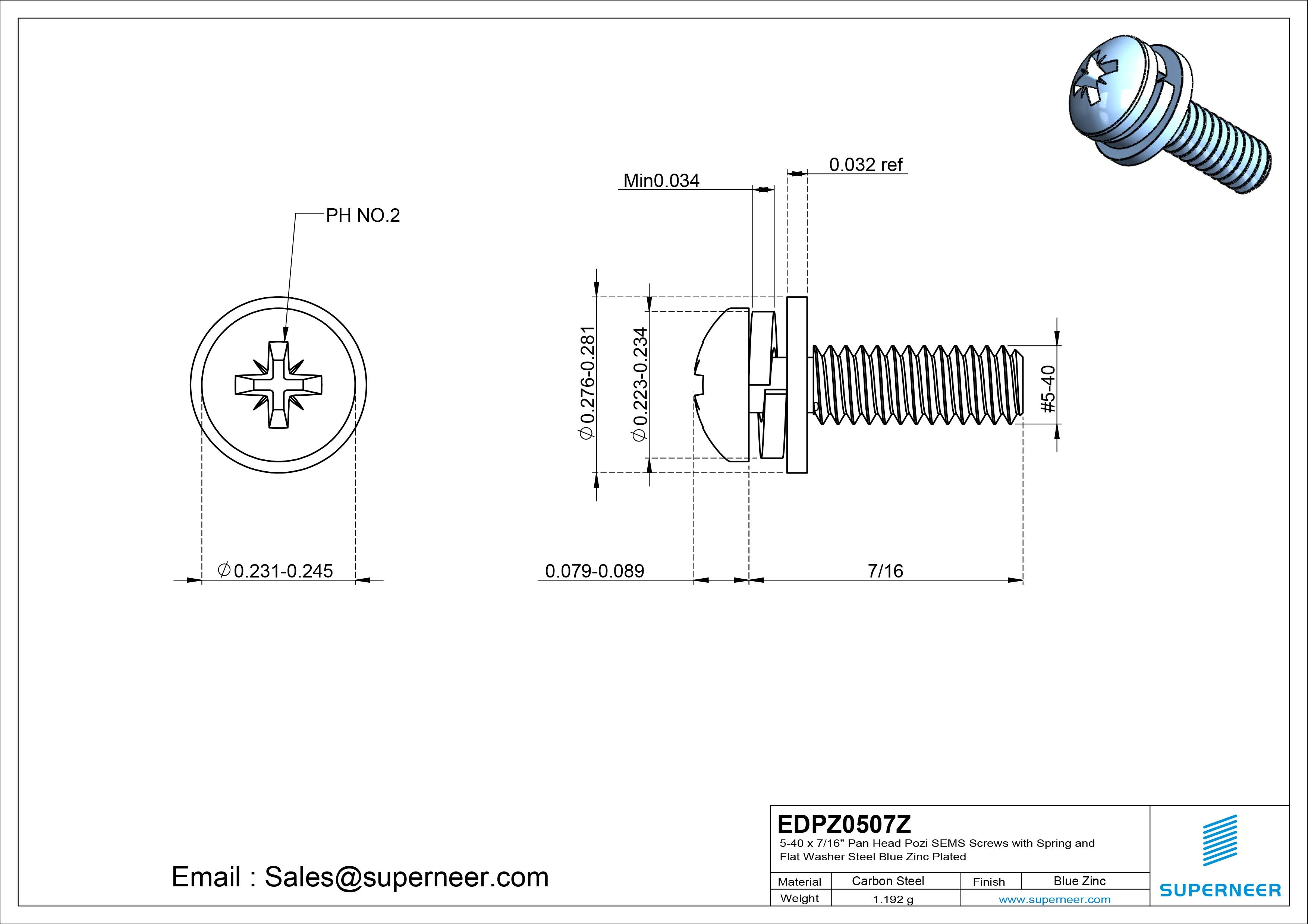 5-40 x 7/16" Pan Head Pozi SEMS Screws with Spring and Flat Washer Steel Blue Zinc Plated