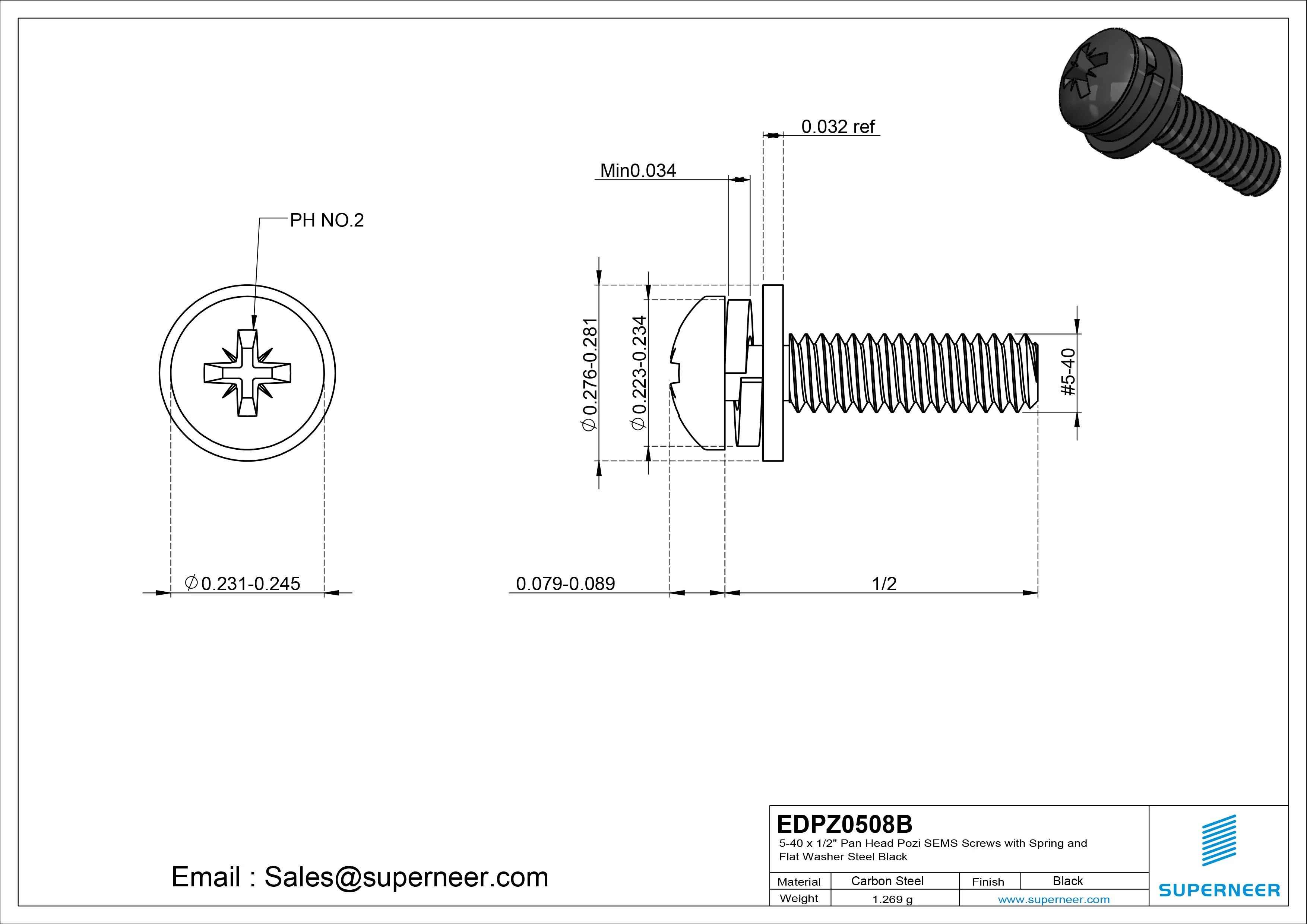 5-40 x 1/2" Pan Head Pozi SEMS Screws with Spring and Flat Washer Steel Black