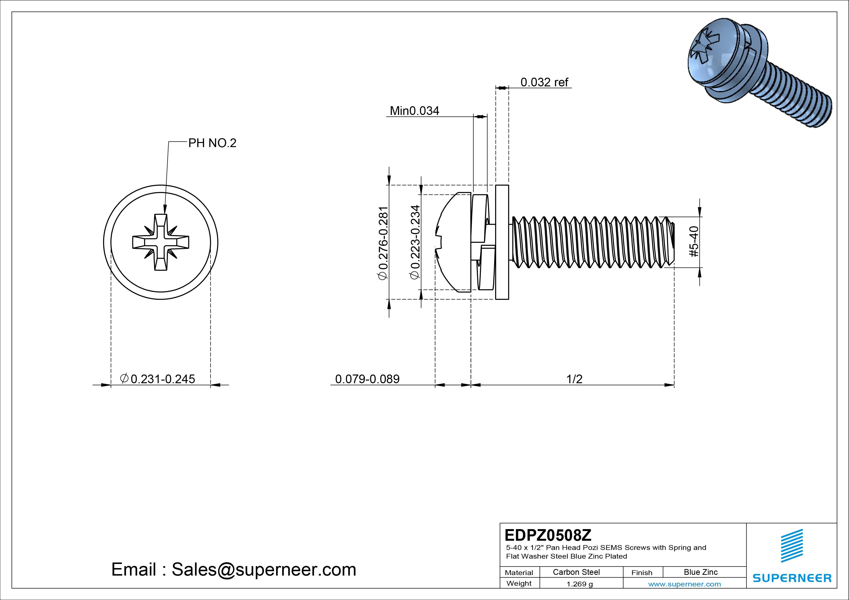 5-40 x 1/2" Pan Head Pozi SEMS Screws with Spring and Flat Washer Steel Blue Zinc Plated