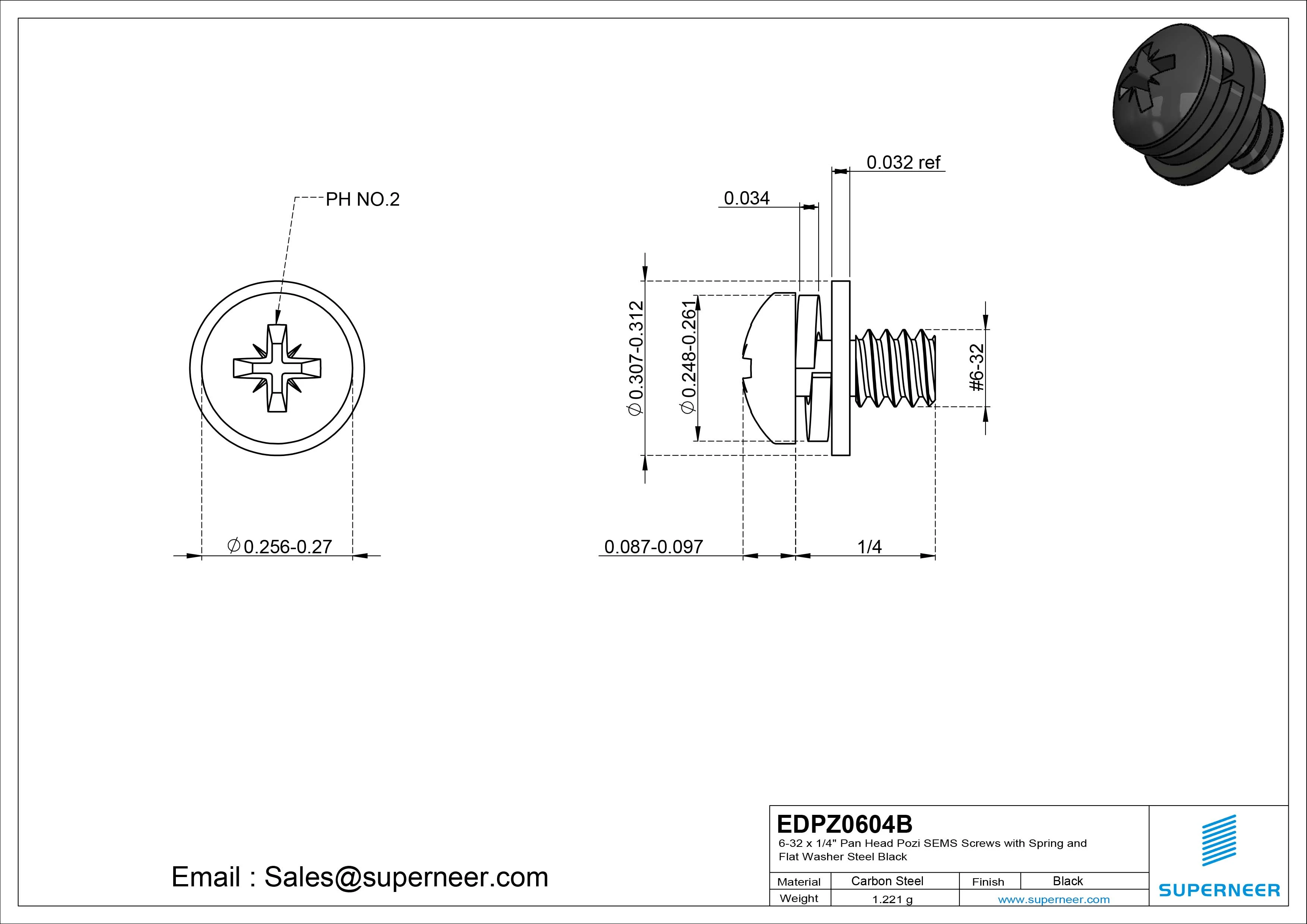 6-32 x 1/4" Pan Head Pozi SEMS Screws with Spring and Flat Washer Steel Black