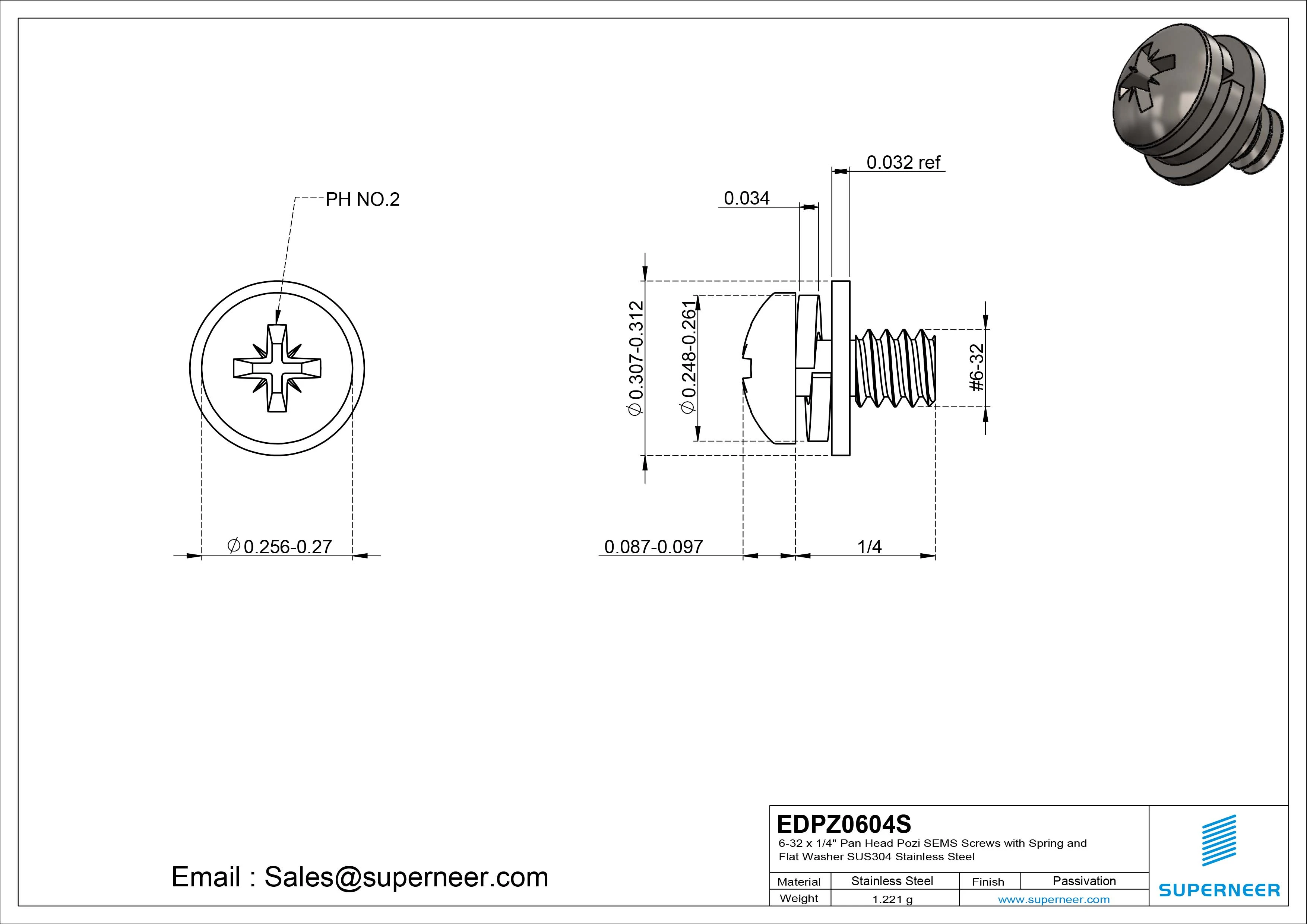 6-32 x 1/4" Pan Head Pozi SEMS Screws with Spring and Flat Washer SUS304 Stainless Steel Inox