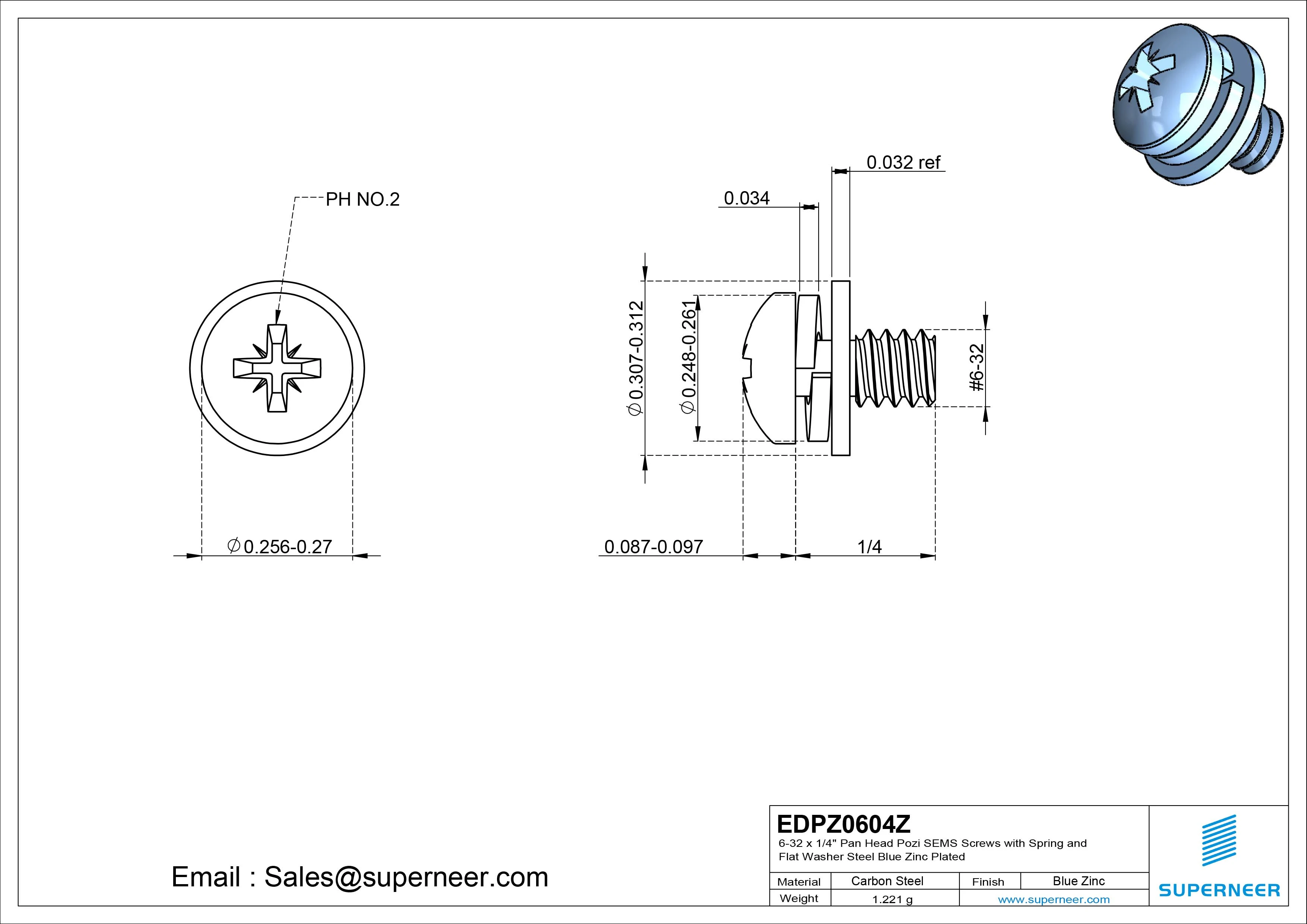 6-32 x 1/4" Pan Head Pozi SEMS Screws with Spring and Flat Washer Steel Blue Zinc Plated