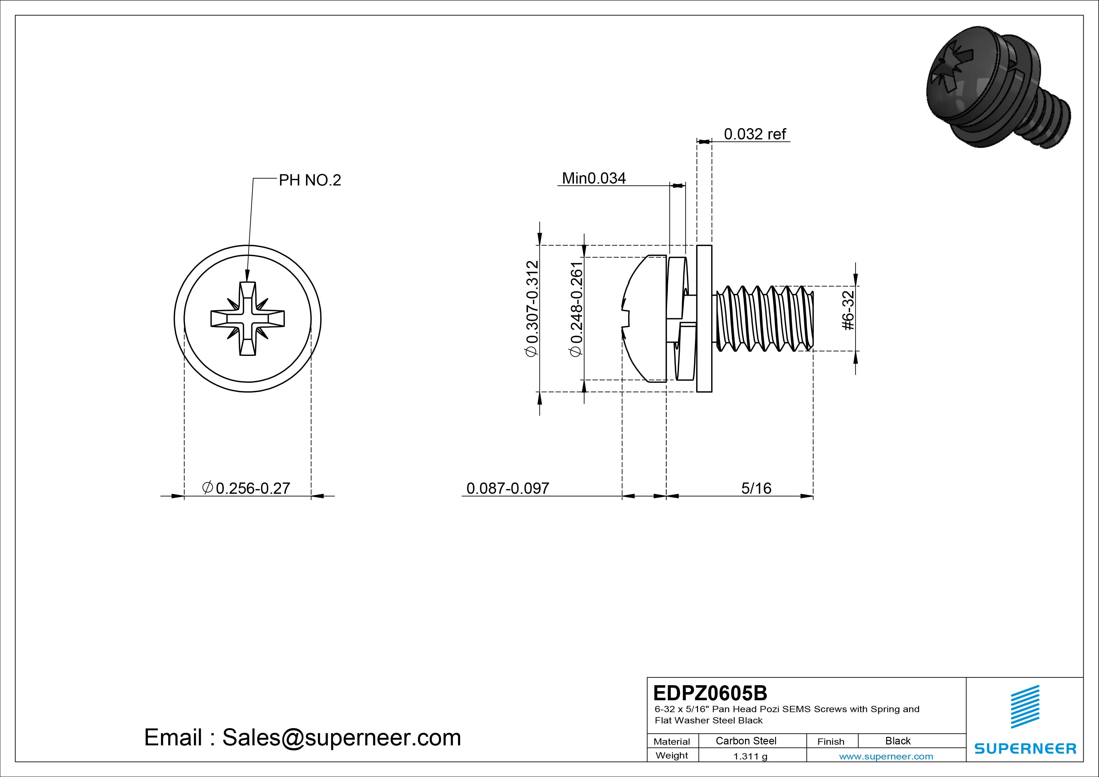 6-32 x 5/16" Pan Head Pozi SEMS Screws with Spring and Flat Washer Steel Black