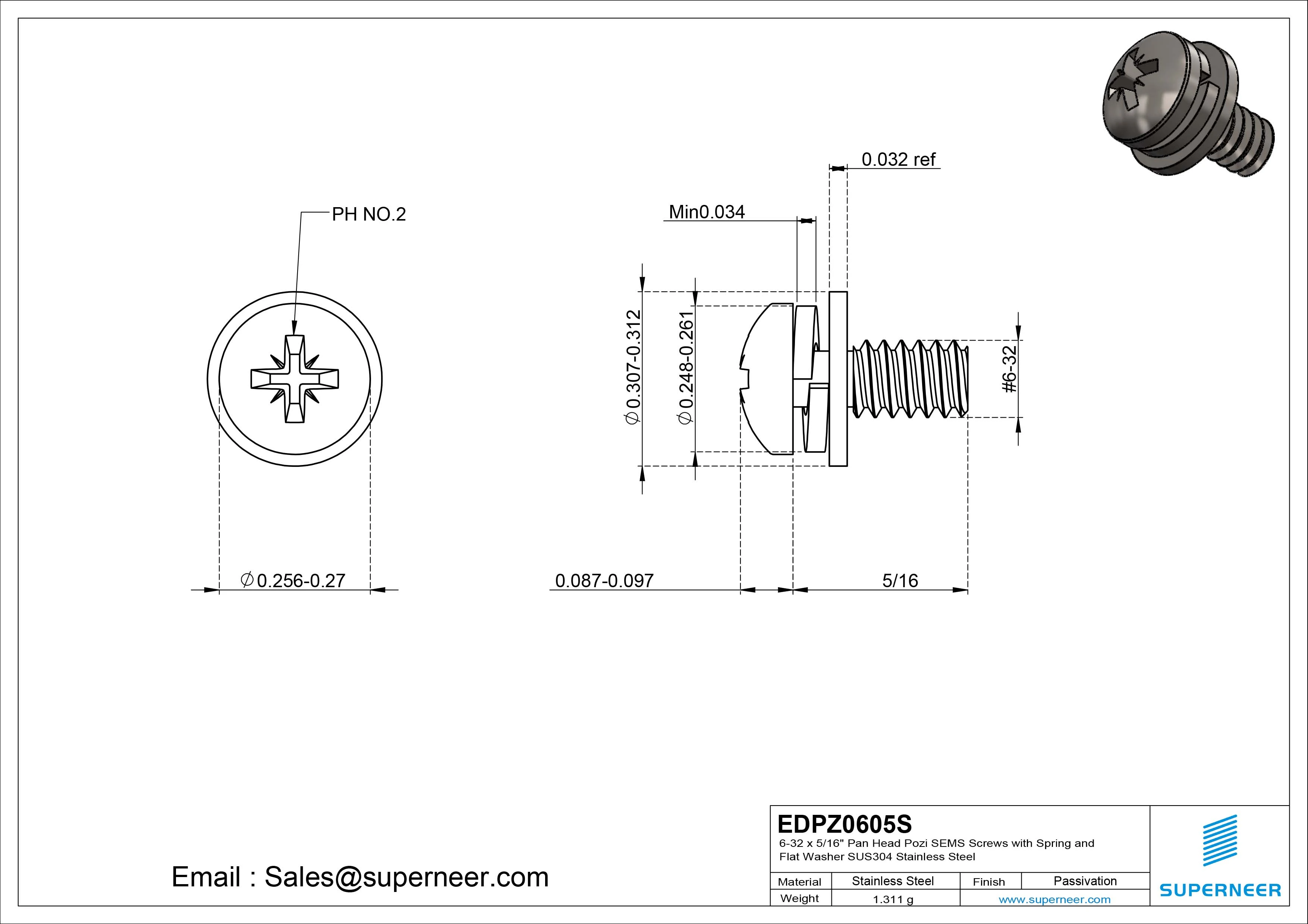 6-32 x 5/16" Pan Head Pozi SEMS Screws with Spring and Flat Washer SUS304 Stainless Steel Inox