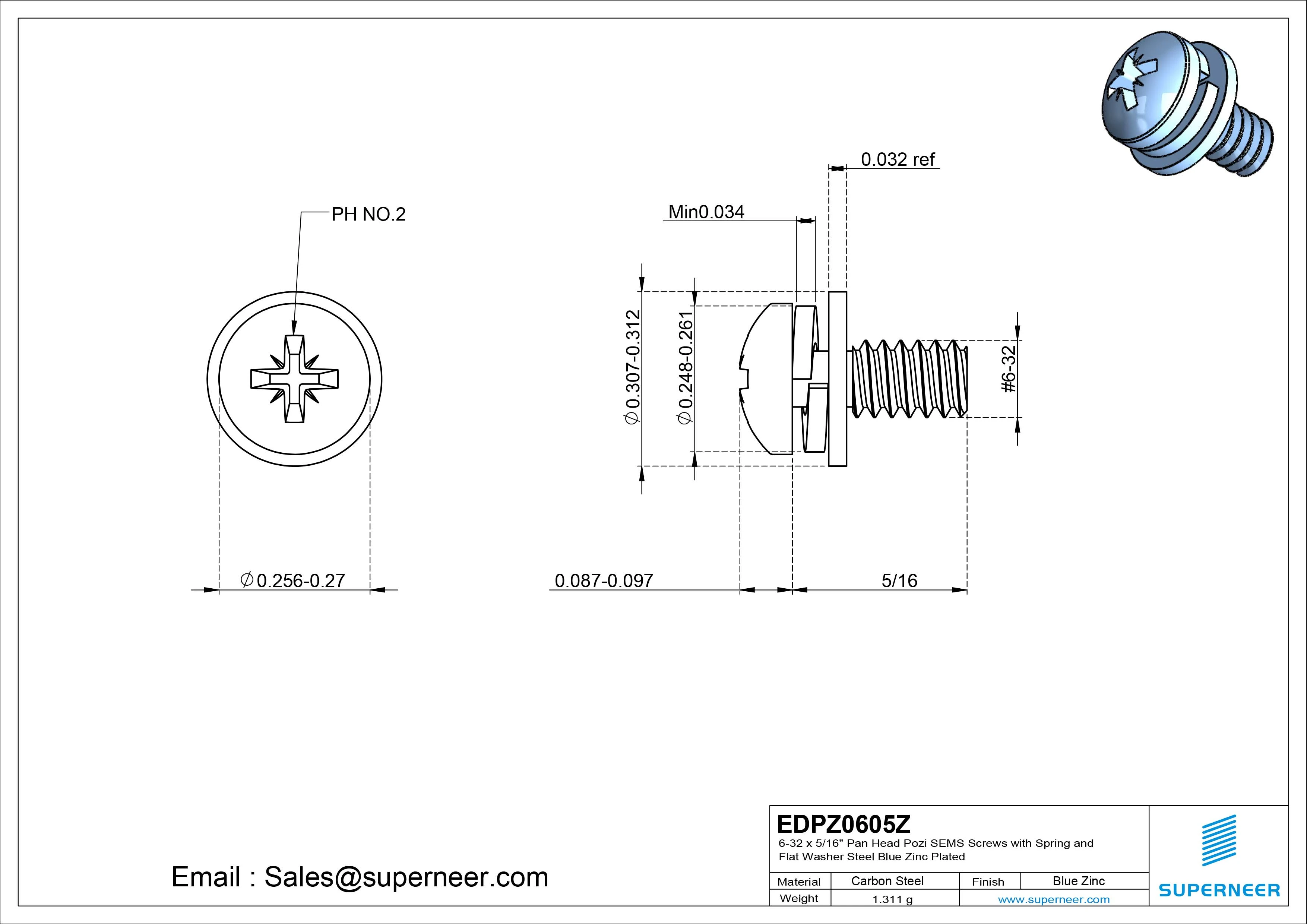 6-32 x 5/16" Pan Head Pozi SEMS Screws with Spring and Flat Washer Steel Blue Zinc Plated