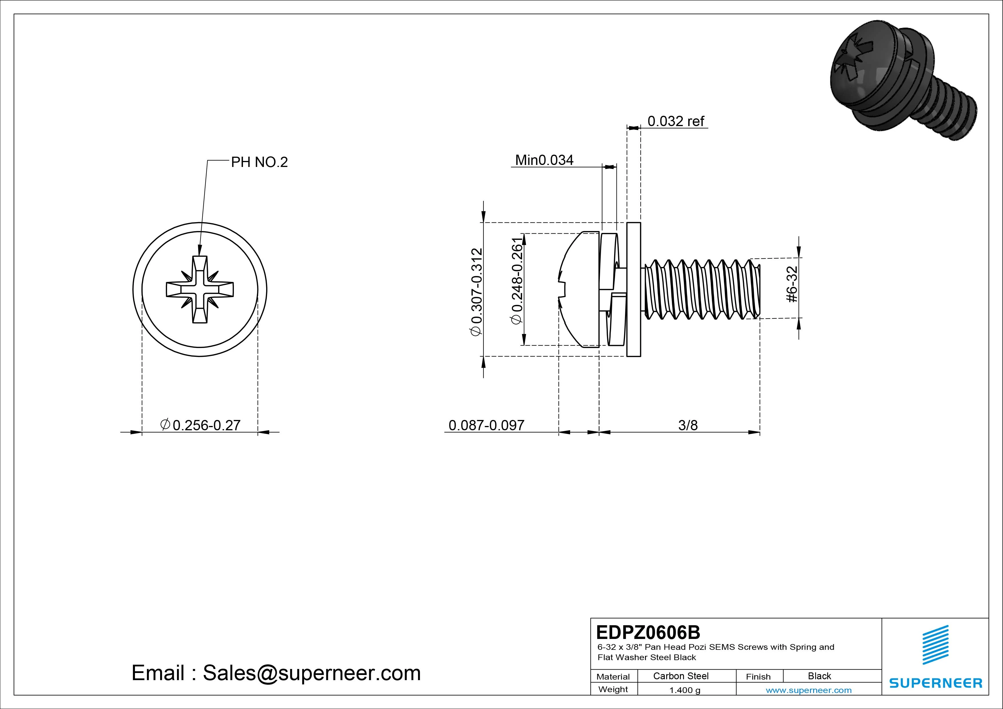 6-32 x 3/8" Pan Head Pozi SEMS Screws with Spring and Flat Washer Steel Black