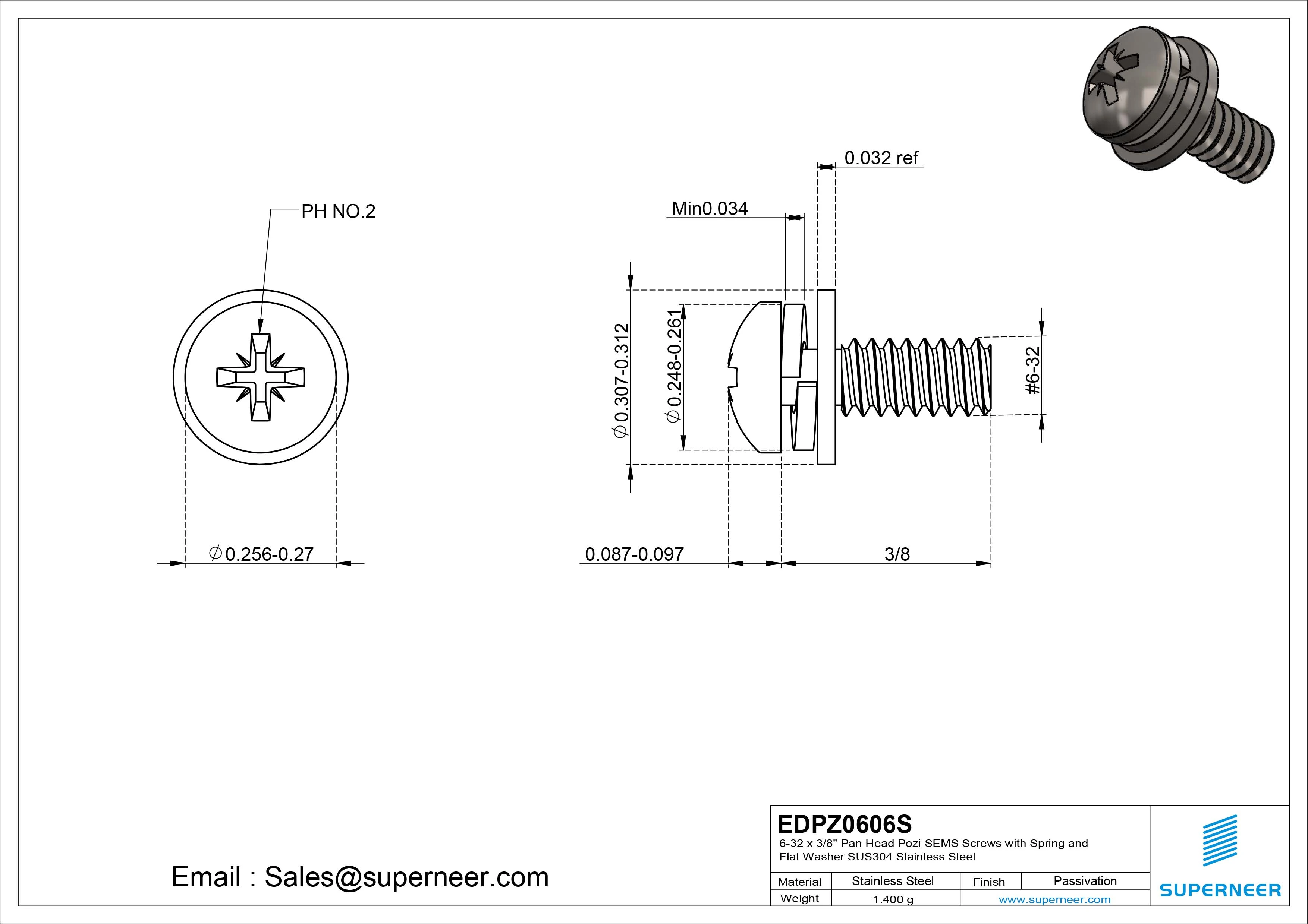 6-32 x 3/8" Pan Head Pozi SEMS Screws with Spring and Flat Washer SUS304 Stainless Steel Inox