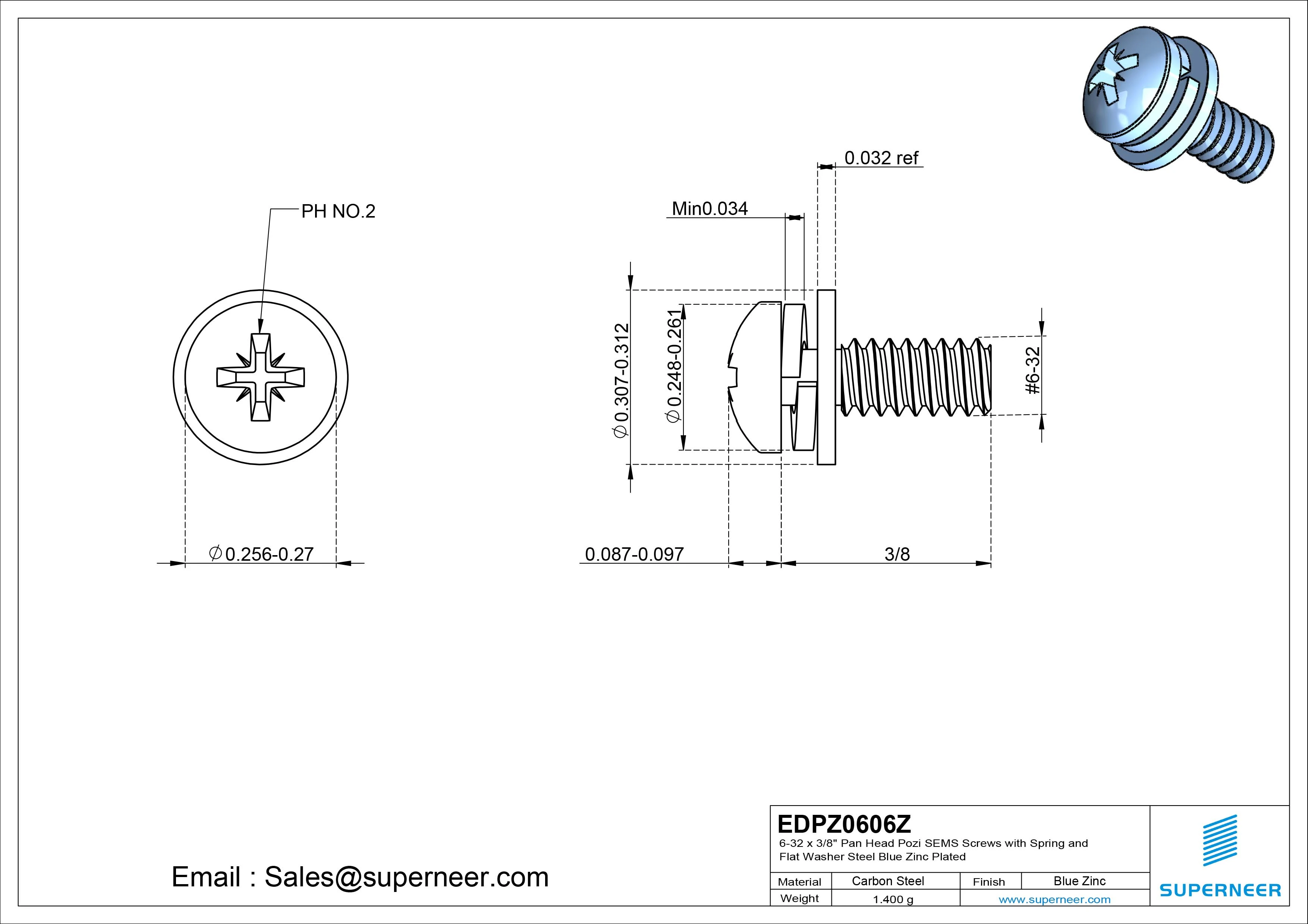 6-32 x 3/8" Pan Head Pozi SEMS Screws with Spring and Flat Washer Steel Blue Zinc Plated
