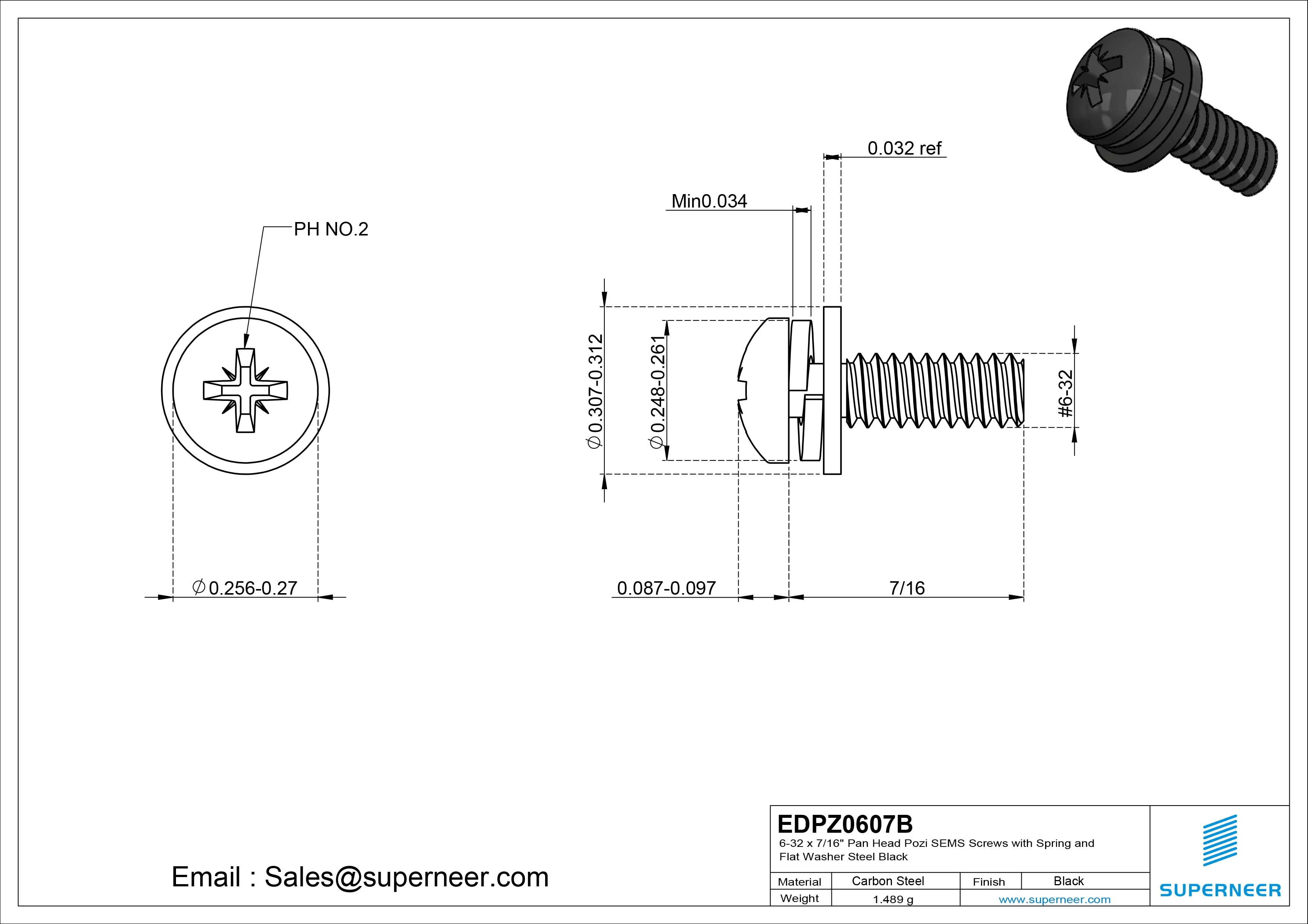 6-32 x 7/16" Pan Head Pozi SEMS Screws with Spring and Flat Washer Steel Black