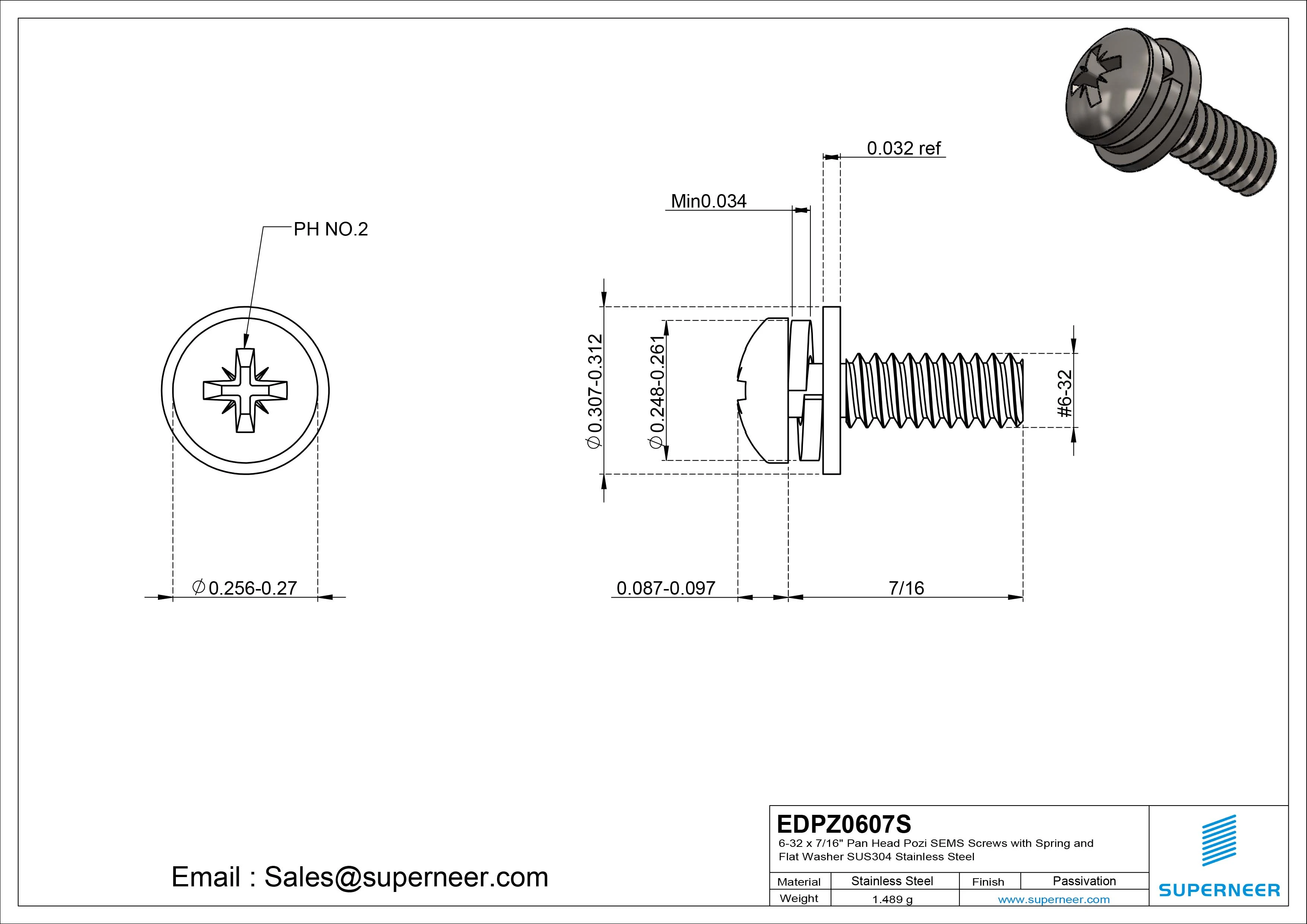6-32 x 7/16" Pan Head Pozi SEMS Screws with Spring and Flat Washer SUS304 Stainless Steel Inox