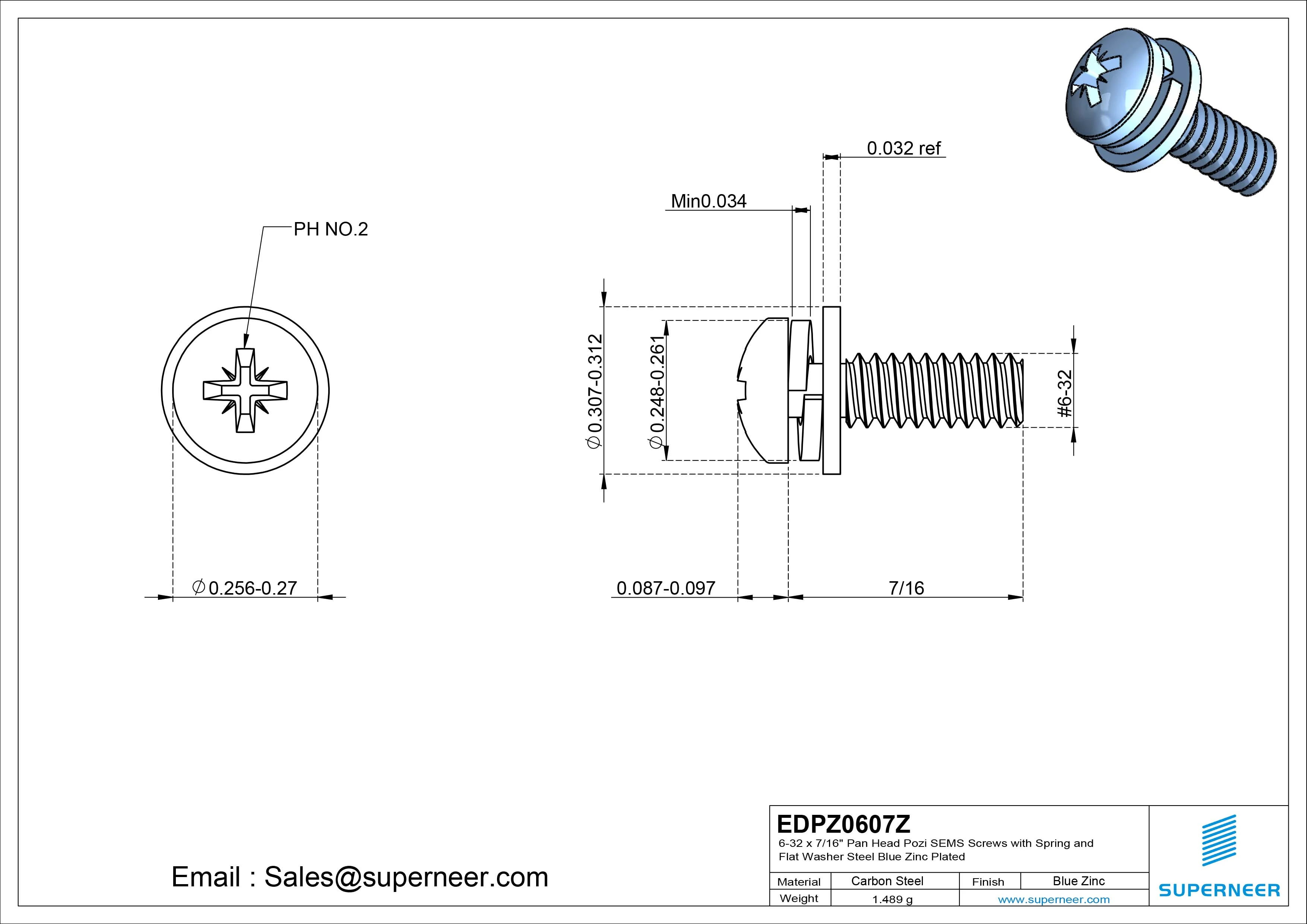 6-32 x 7/16" Pan Head Pozi SEMS Screws with Spring and Flat Washer Steel Blue Zinc Plated