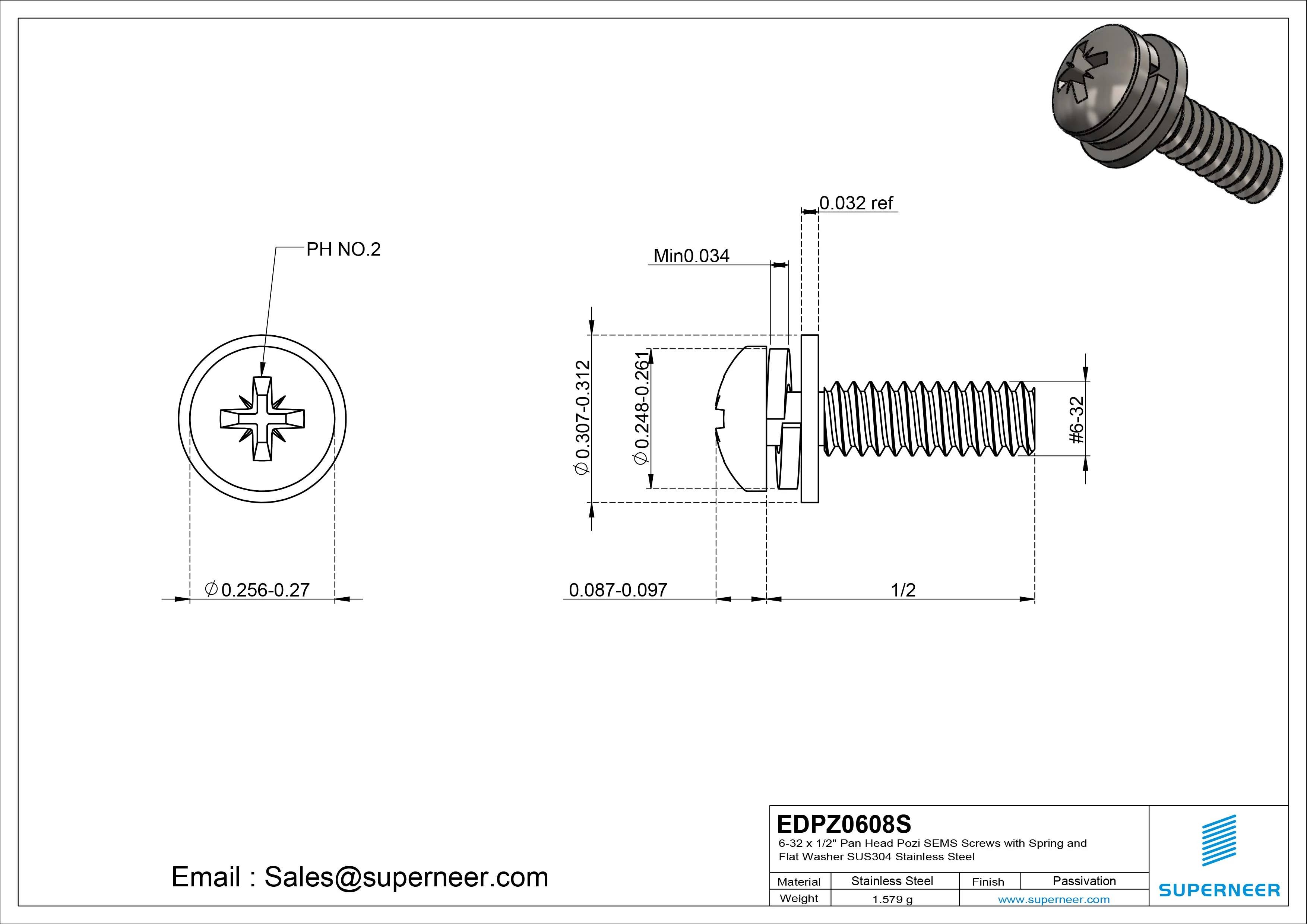 6-32 x 1/2" Pan Head Pozi SEMS Screws with Spring and Flat Washer SUS304 Stainless Steel Inox