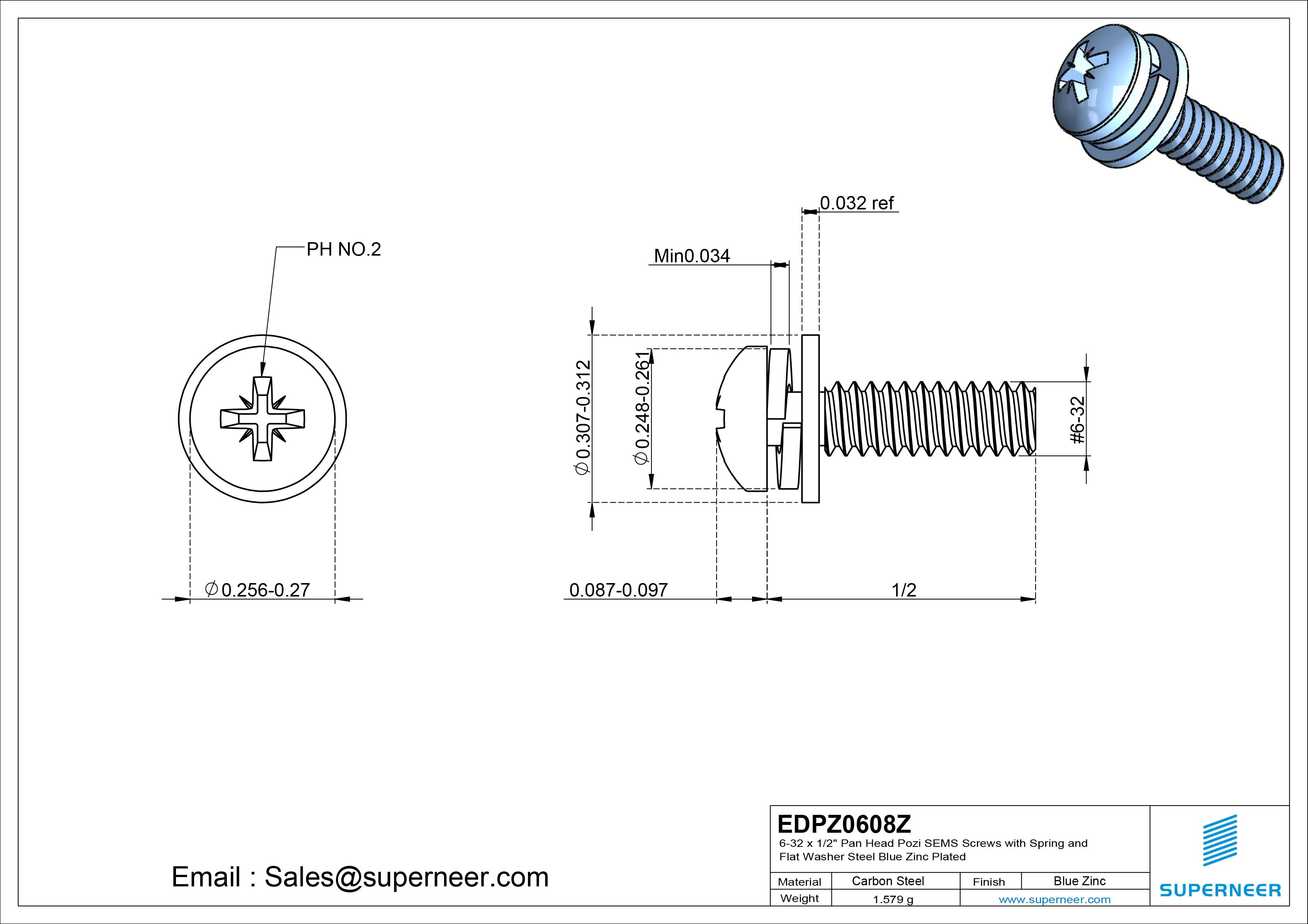 6-32 x 1/2" Pan Head Pozi SEMS Screws with Spring and Flat Washer Steel Blue Zinc Plated