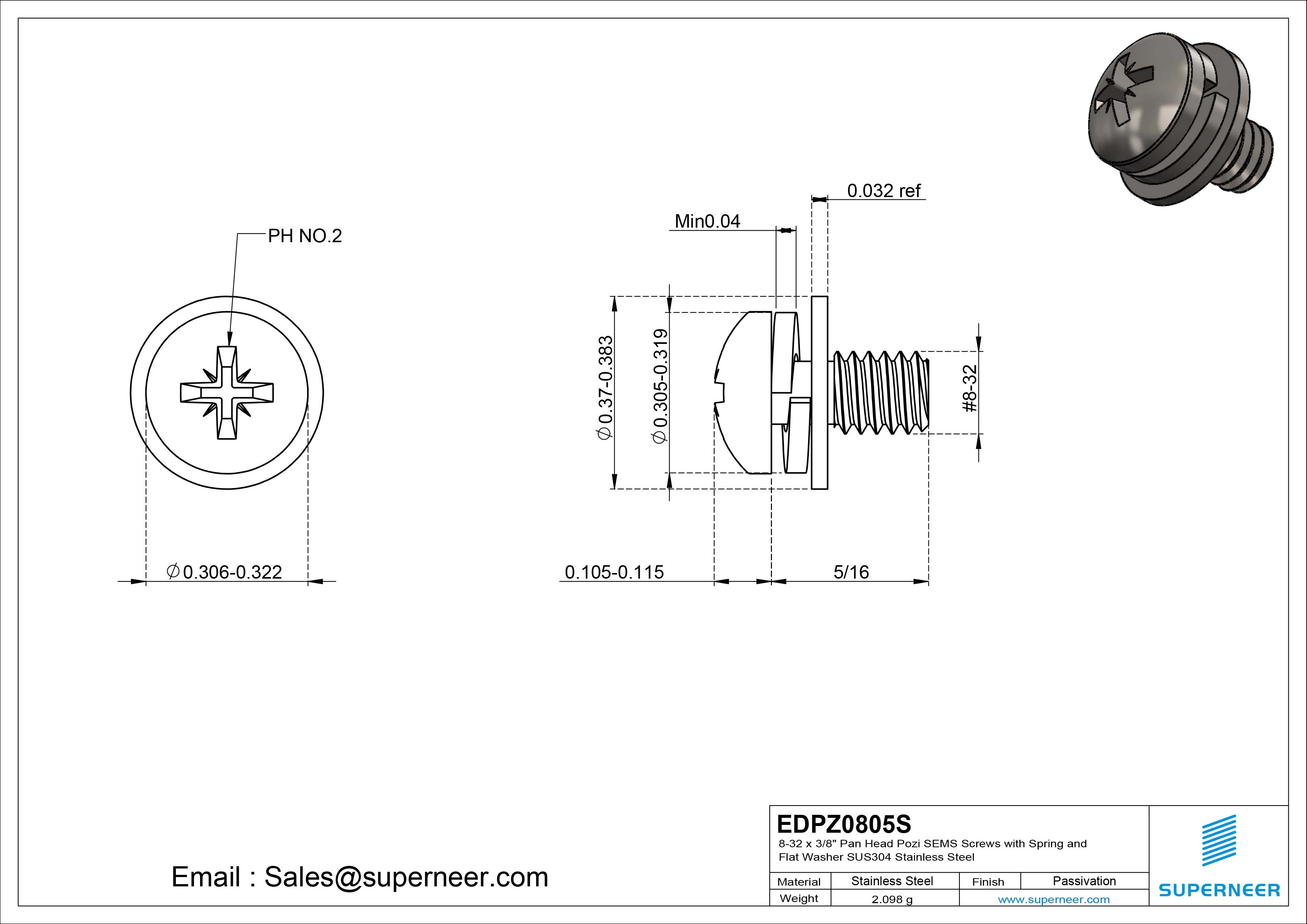 8-32 x 5/16" Pan Head Pozi SEMS Screws with Spring and Flat Washer SUS304 Stainless Steel Inox