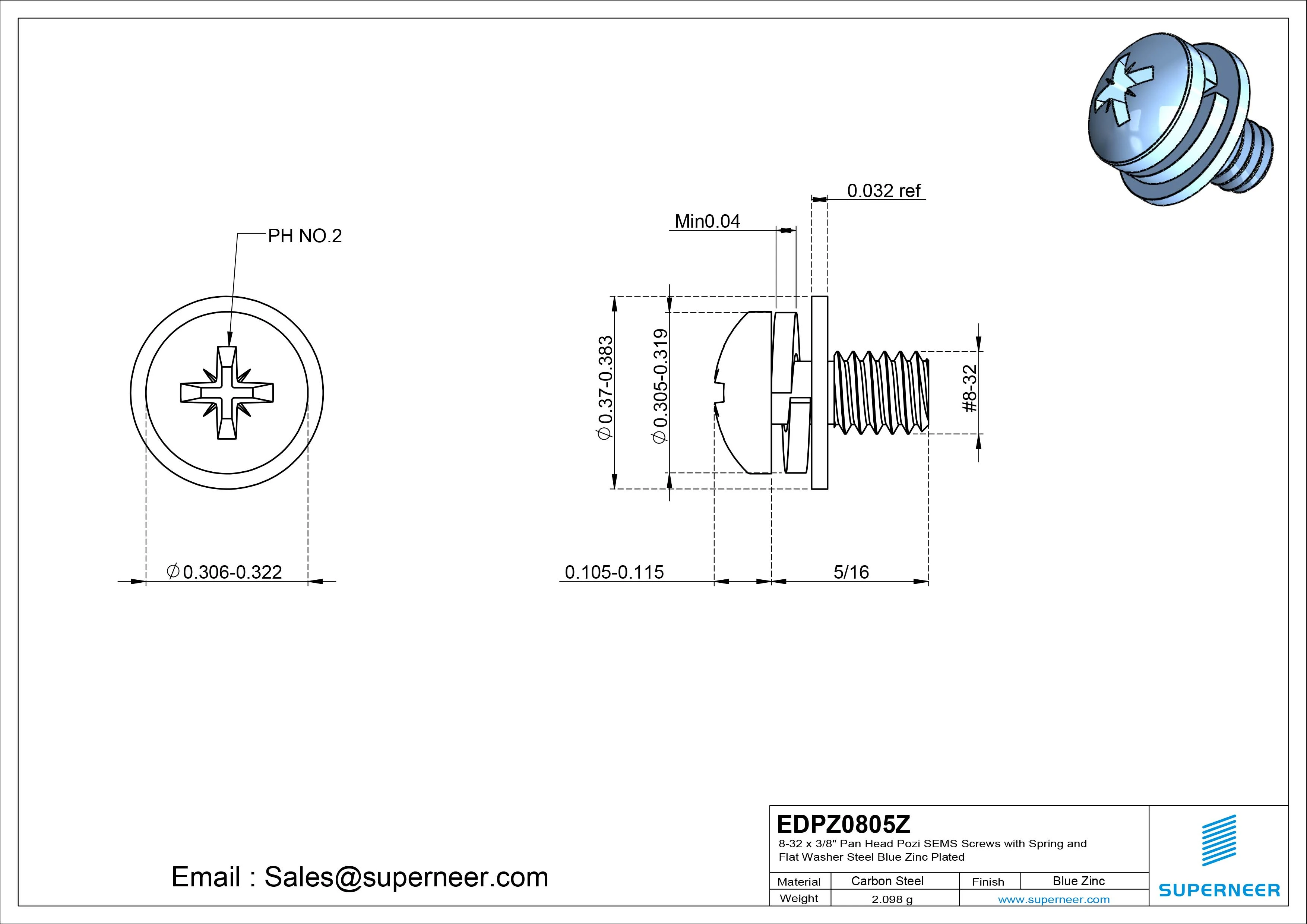 8-32 x 5/16" Pan Head Pozi SEMS Screws with Spring and Flat Washer Steel Blue Zinc Plated