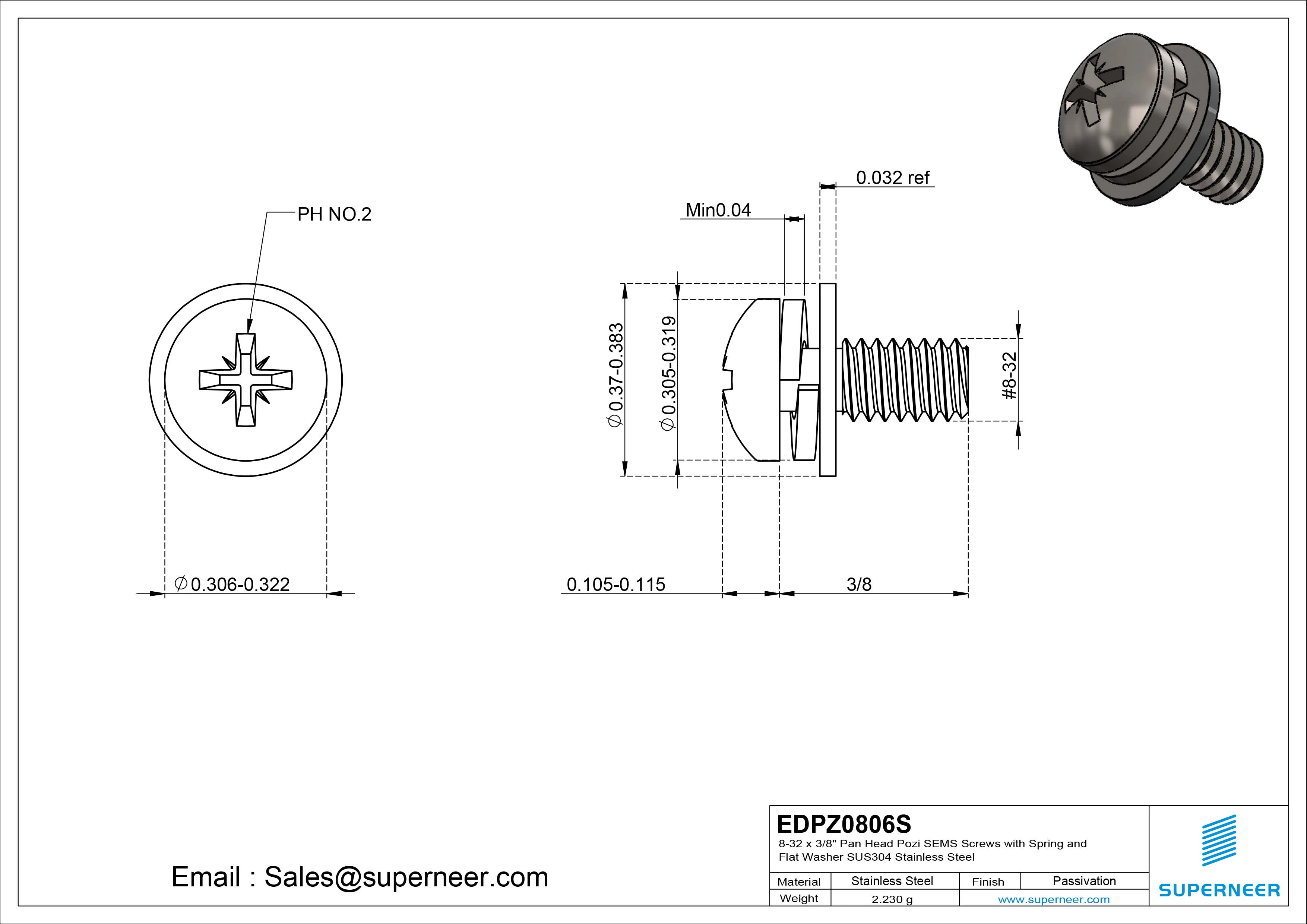 8-32 x 3/8" Pan Head Pozi SEMS Screws with Spring and Flat Washer SUS304 Stainless Steel Inox