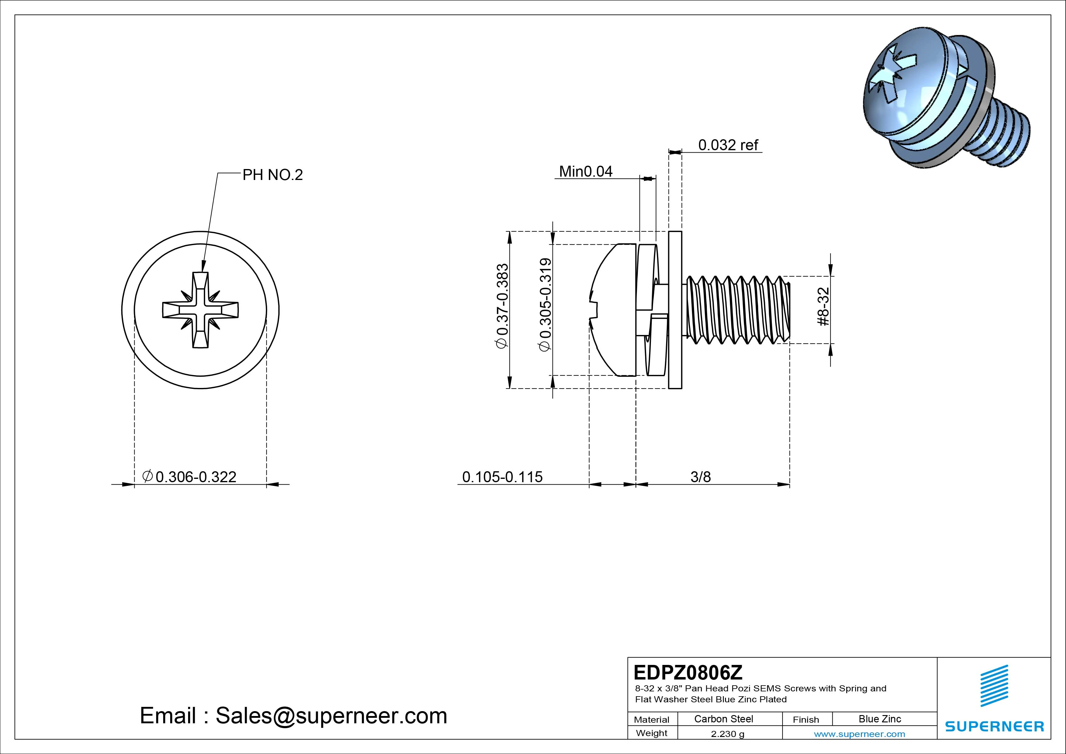 8-32 x 3/8" Pan Head Pozi SEMS Screws with Spring and Flat Washer Steel Blue Zinc Plated