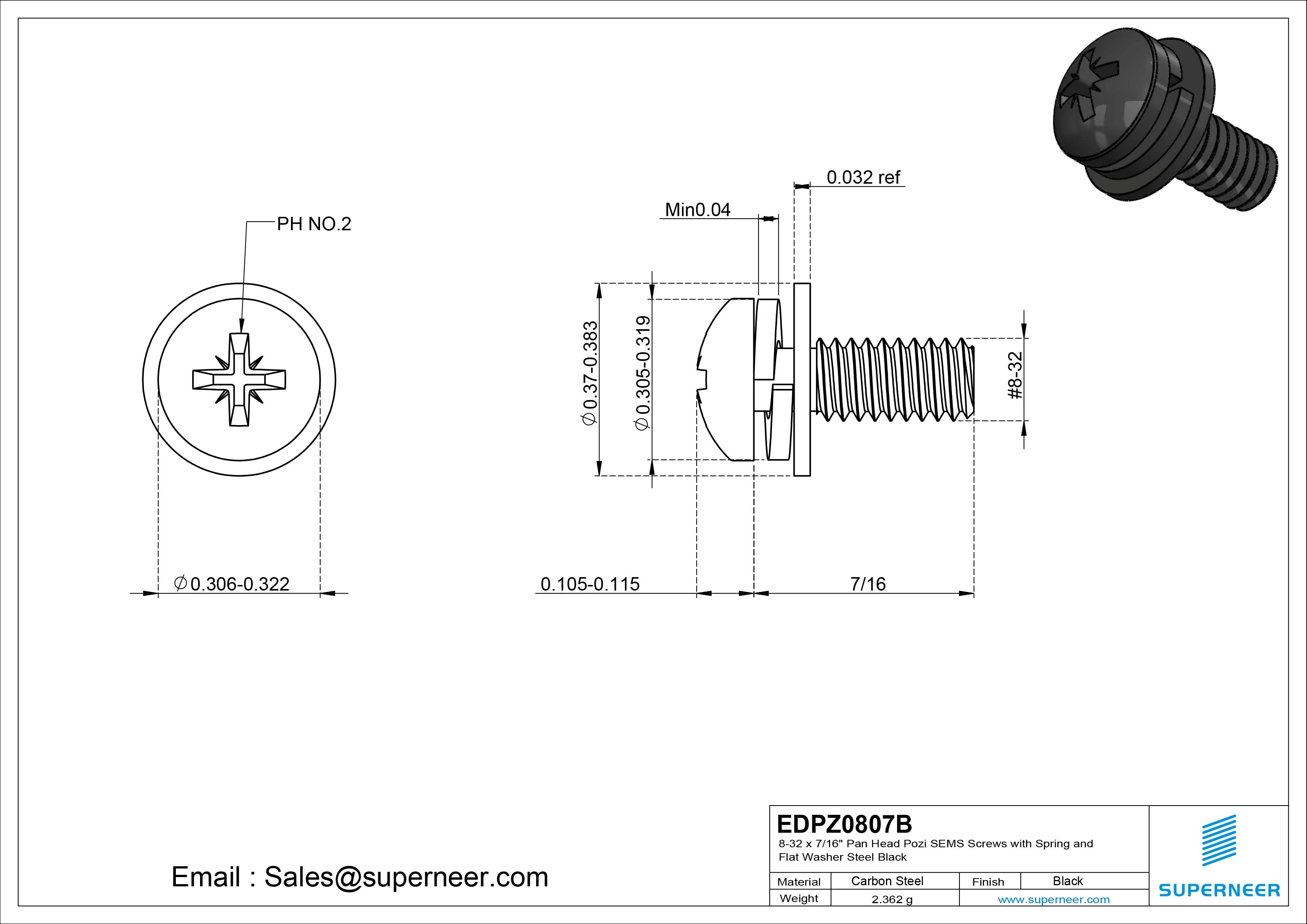 8-32 x 7/16" Pan Head Pozi SEMS Screws with Spring and Flat Washer Steel Black
