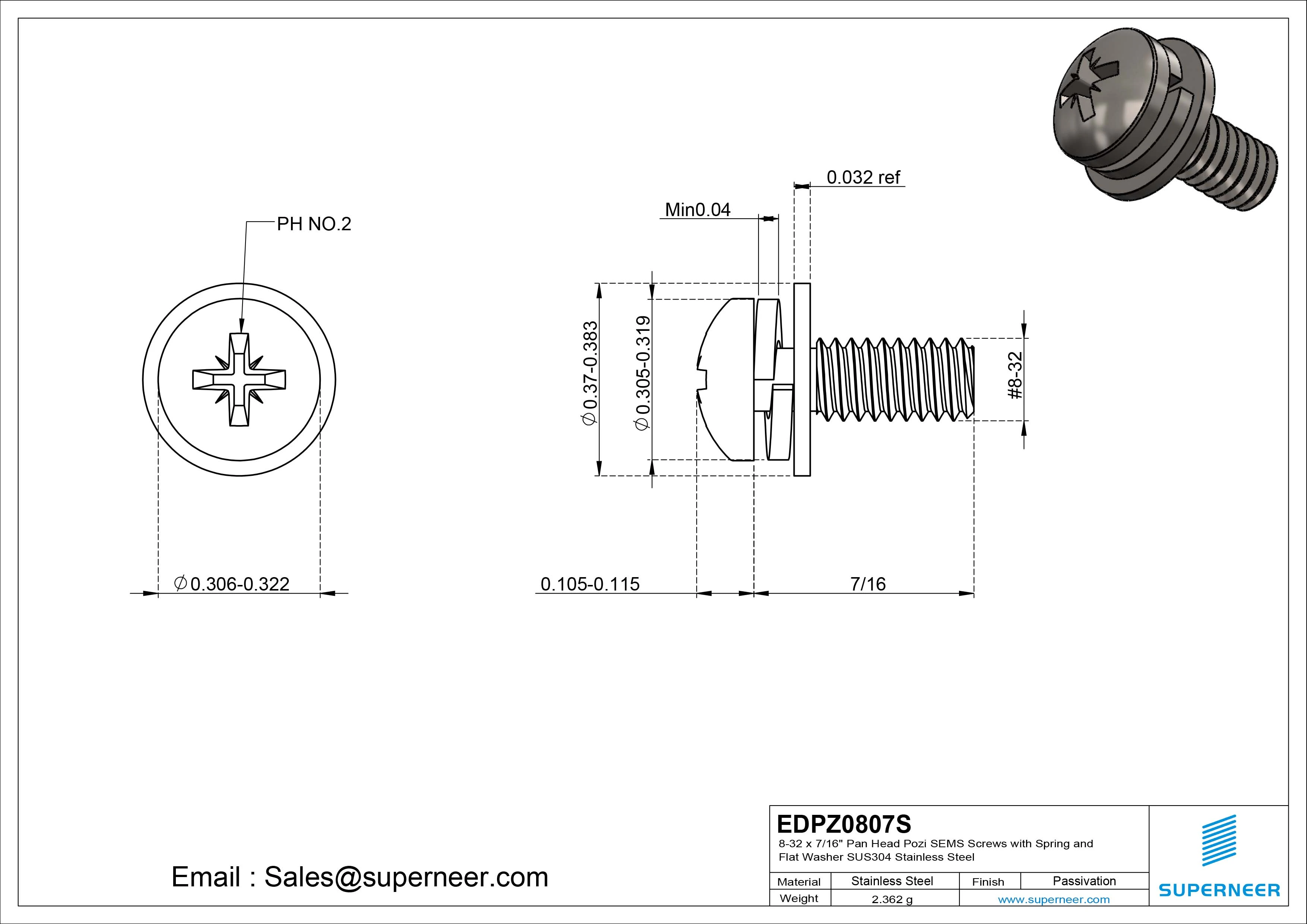 8-32 x 7/16" Pan Head Pozi SEMS Screws with Spring and Flat Washer SUS304 Stainless Steel Inox