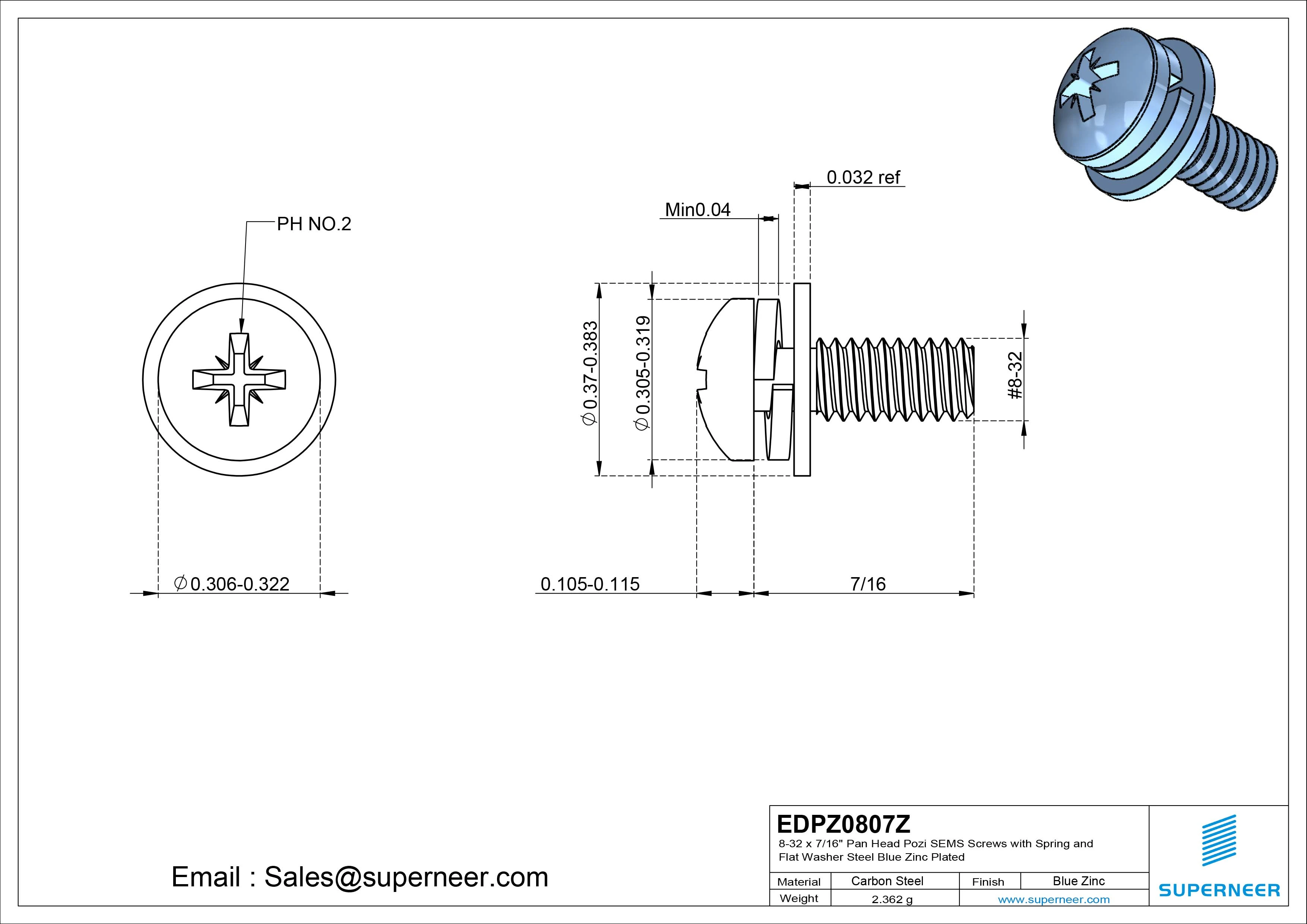 8-32 x 7/16" Pan Head Pozi SEMS Screws with Spring and Flat Washer Steel Blue Zinc Plated