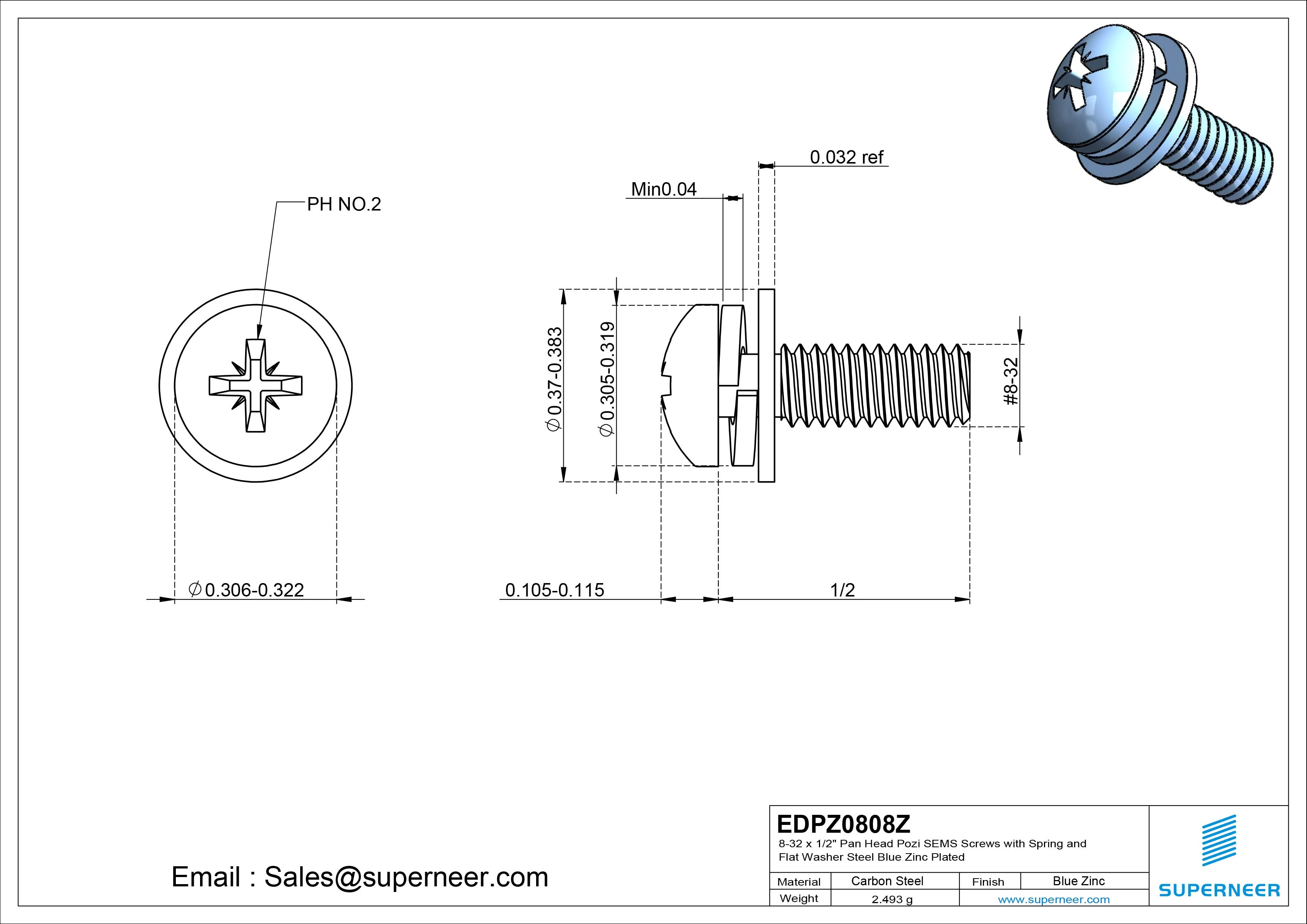 8-32 x 1/2" Pan Head Pozi SEMS Screws with Spring and Flat Washer Steel Blue Zinc Plated