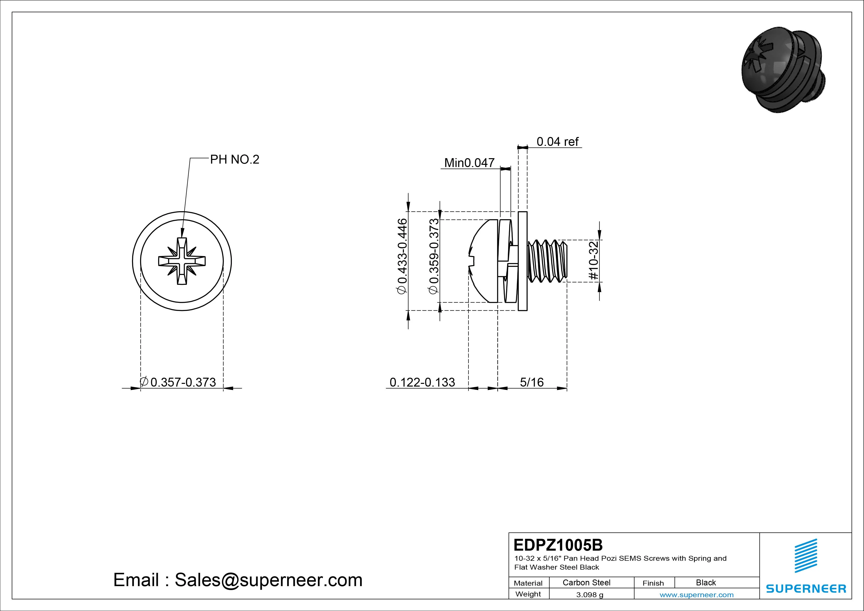 10-32 x 5/16" Pan Head Pozi SEMS Screws with Spring and Flat Washer Steel Black