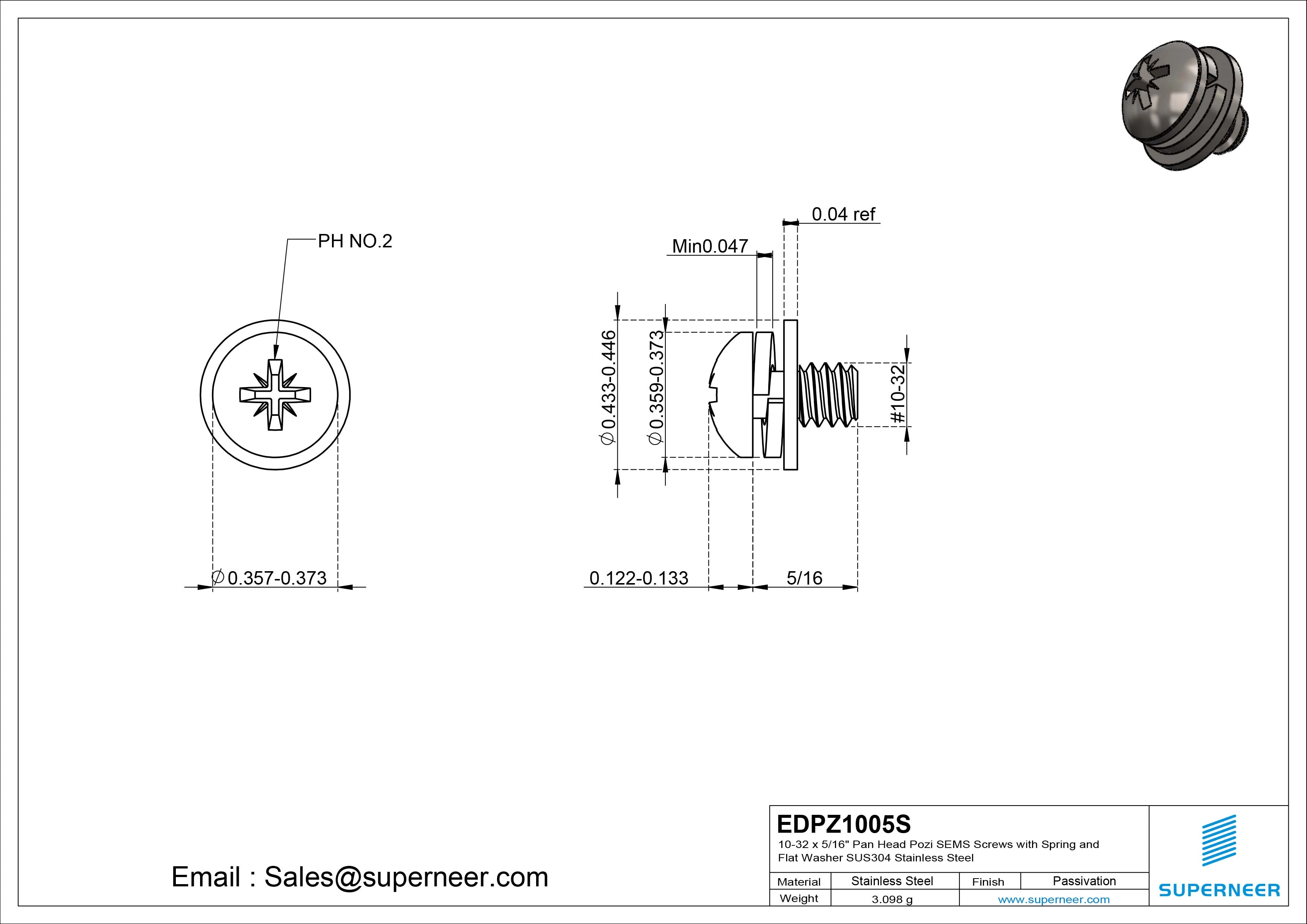 10-32 x 5/16" Pan Head Pozi SEMS Screws with Spring and Flat Washer SUS304 Stainless Steel Inox