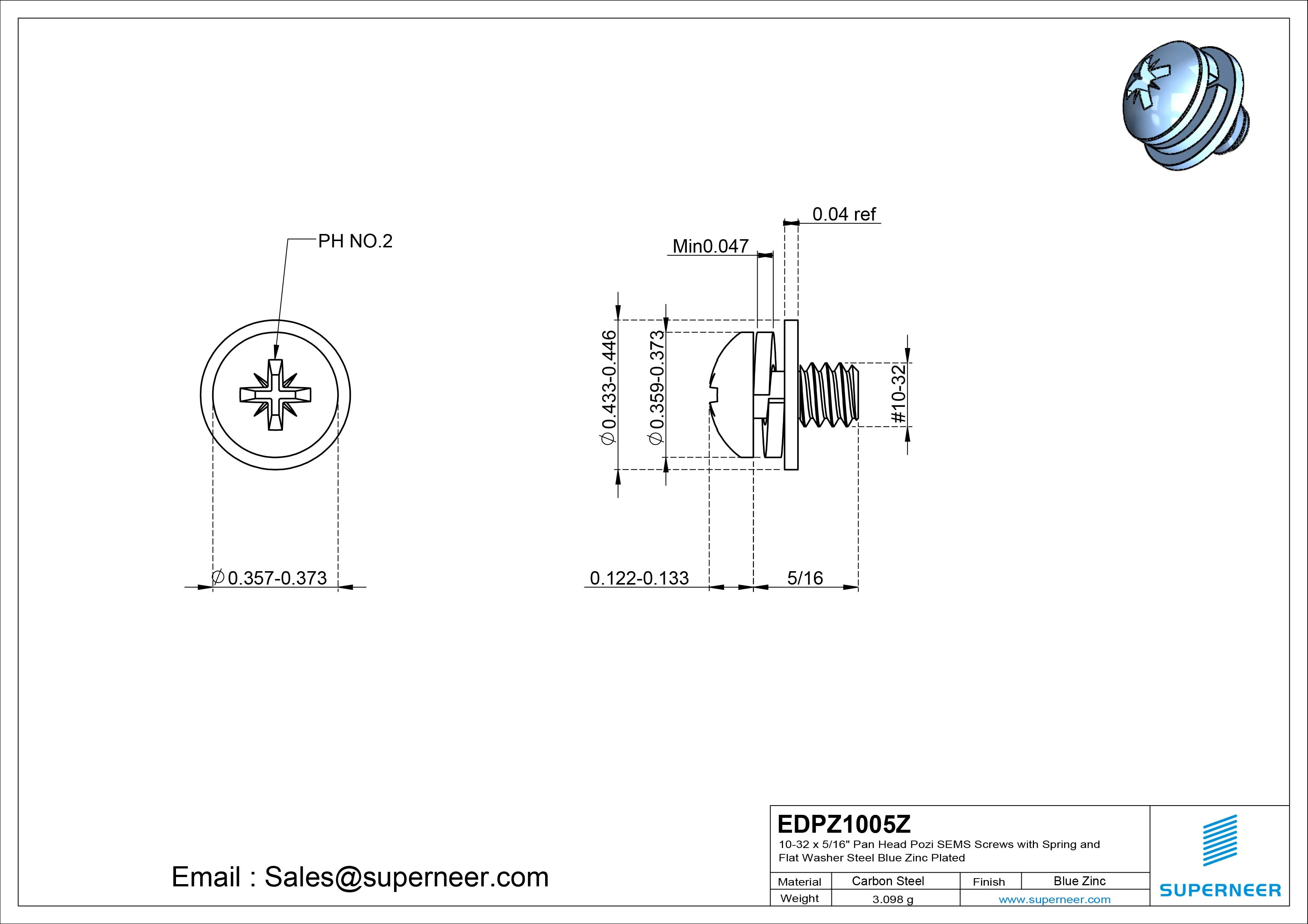 10-32 x 5/16" Pan Head Pozi SEMS Screws with Spring and Flat Washer Steel Blue Zinc Plated
