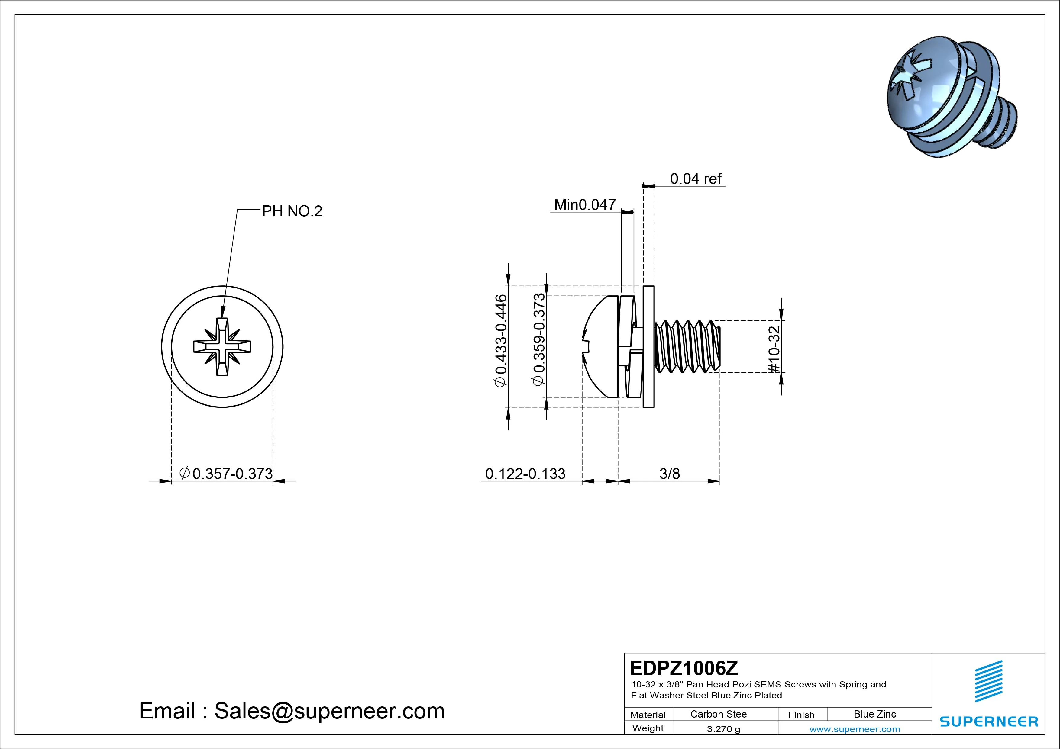 10-32 x 3/8" Pan Head Pozi SEMS Screws with Spring and Flat Washer Steel Blue Zinc Plated