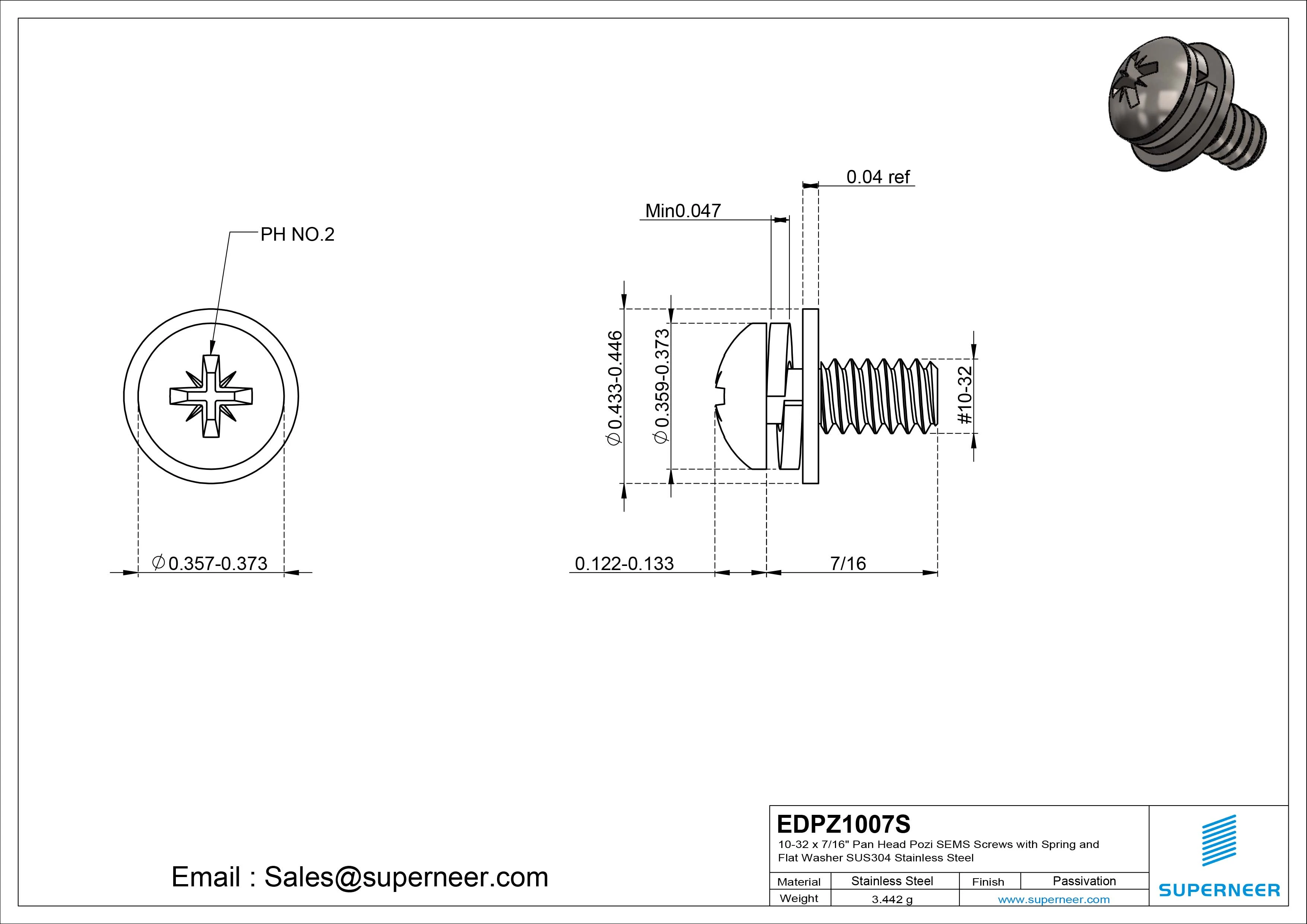 10-32 x 7/16" Pan Head Pozi SEMS Screws with Spring and Flat Washer SUS304 Stainless Steel Inox