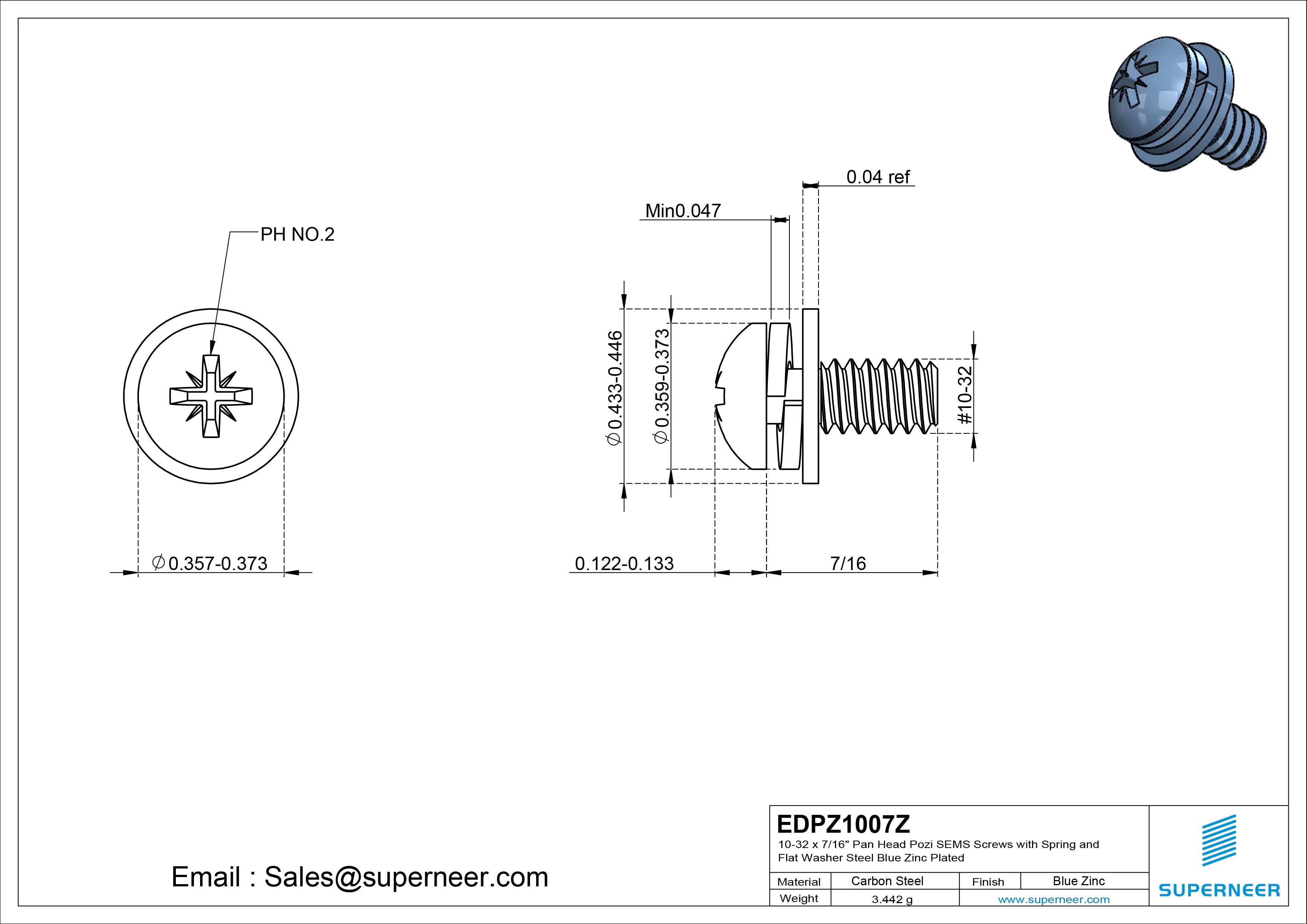 10-32 x 7/16" Pan Head Pozi SEMS Screws with Spring and Flat Washer Steel Blue Zinc Plated