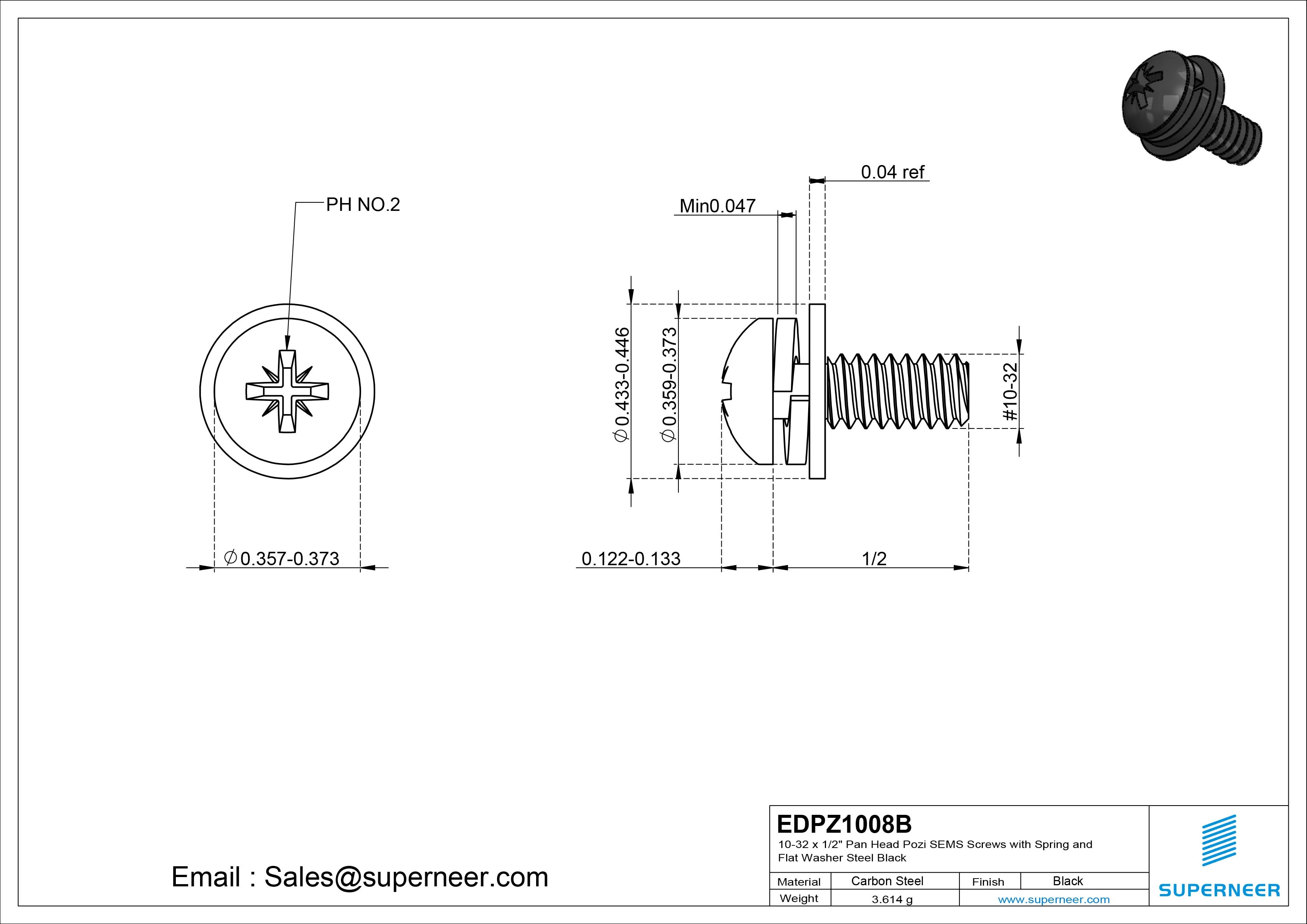 10-32 x 1/2" Pan Head Pozi SEMS Screws with Spring and Flat Washer Steel Black