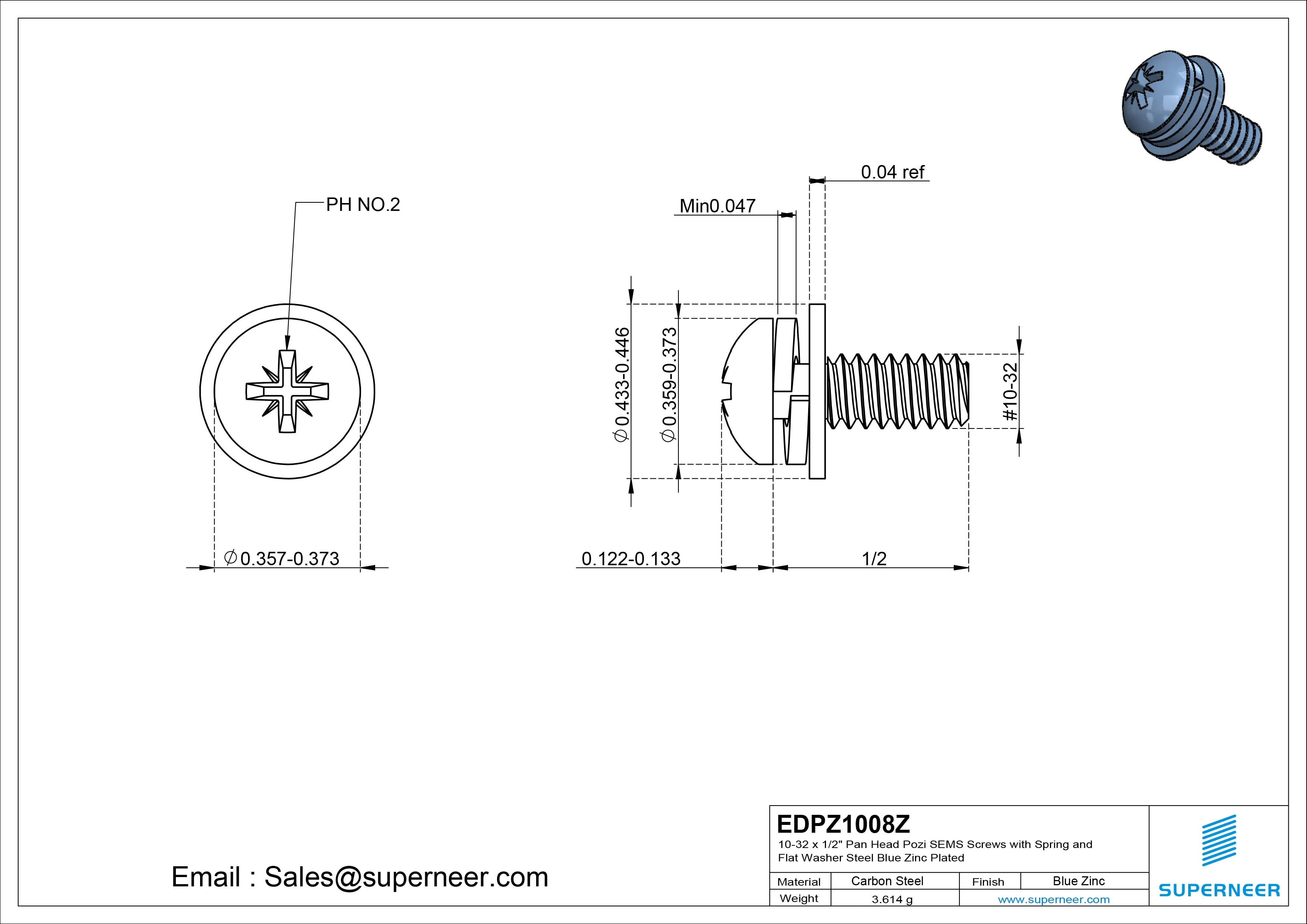 10-32 x 1/2" Pan Head Pozi SEMS Screws with Spring and Flat Washer Steel Blue Zinc Plated