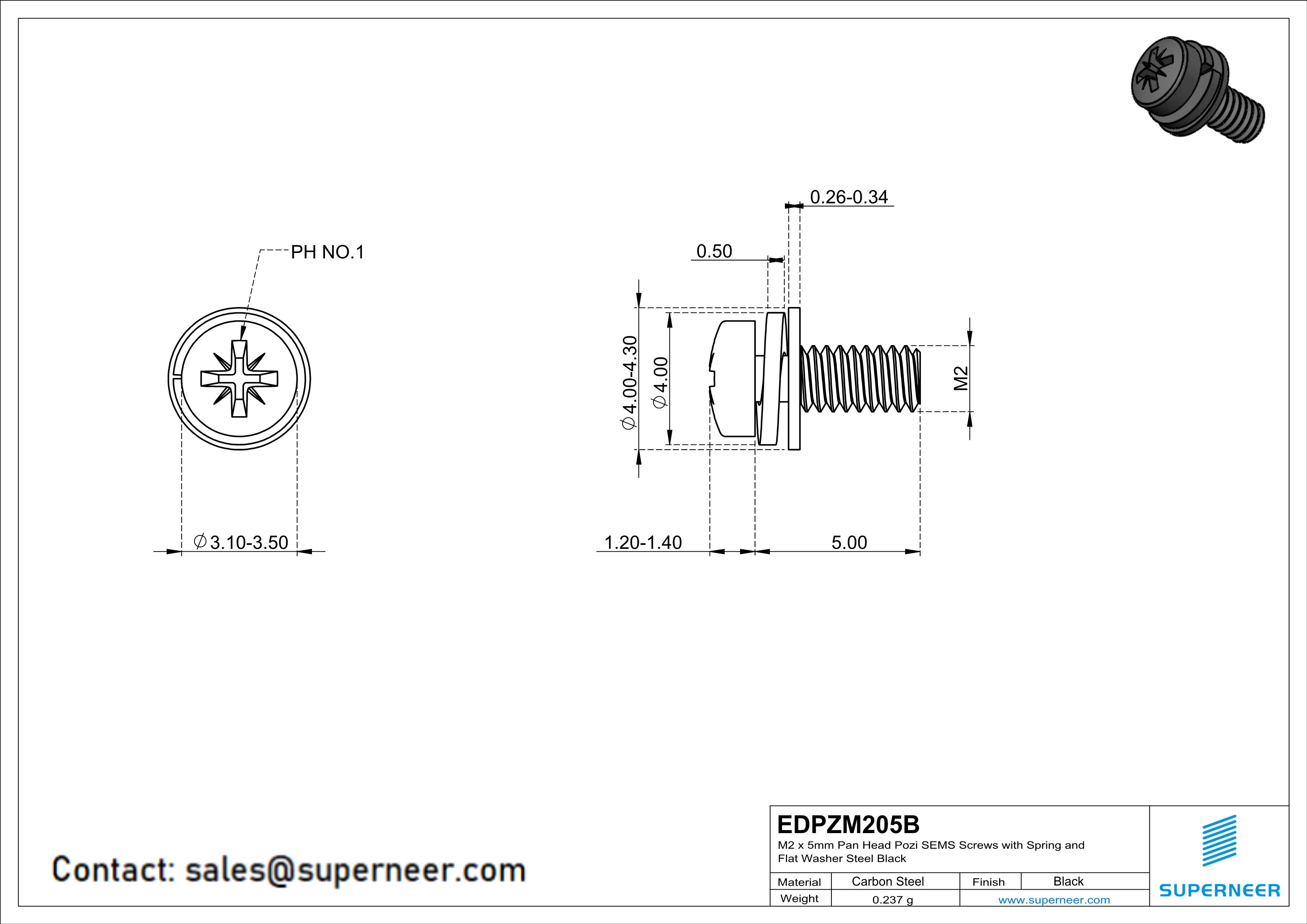 M2 x 5mm Pan Head Pozi SEMS Screws with Spring and Flat Washer Steel Black